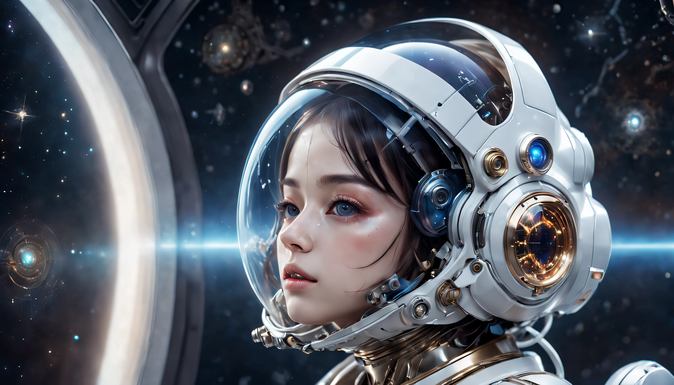 Translucent ethereal mechanical astronaut，Futuristic girl，Mechanical joints，Futuristic space helmet covers face，Futuristic space starry sky background，ModelShoot style, (Ultra-detailed CG unified 8K wallpaper), The beauty of abstract stylized portraits,，surrealism, 8K, Super detail, Best quality, Award-Awarded, Anatomically correct, 16k, Super detail