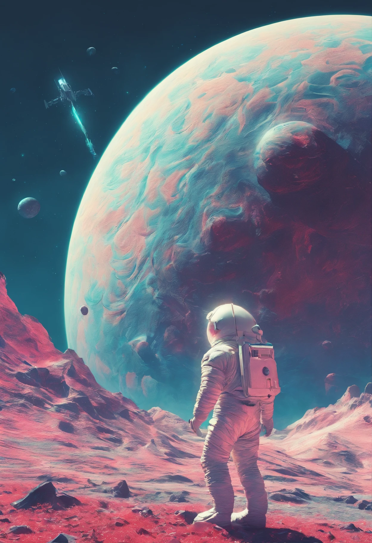 Astronauts climb mountains,with a planet in the background, lonely astronaut, detailed astronaut, Astronaut, fully space suited, astronaut in space, astronaut in space, astronaut on the moon, astronaut below, astronaut stranded on planet, key art, stefan koidl inspired, Inspired by Władysław Stžeminski, Cinematography concept art, inspired by Mike Winkelmann, weta, inspired by Marius Borgeaud, author:Matthias Koroth (Depth of field), Cinematic lighting, Ray tracing, mosaic art, 16k