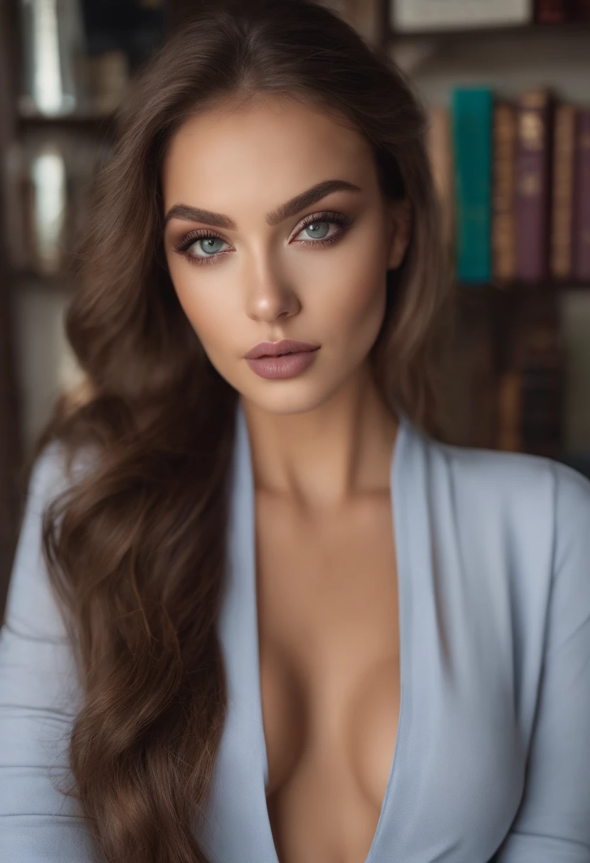 Arafed woman completely , fille sexy aux yeux vert, ultra realist, Meticulously detailed, Portrait Sophie Mudd, cheveux marrons et grands yeux, selfie of a young woman, Dubai Eyes, Violet Myers, sans maquillage, maquillage naturel, looking straight at camera, Visage avec Artgram, Maquillage subtil, Superbe photo du corps entier , posing at the bookcase Medium to large bust, grosse poitrine