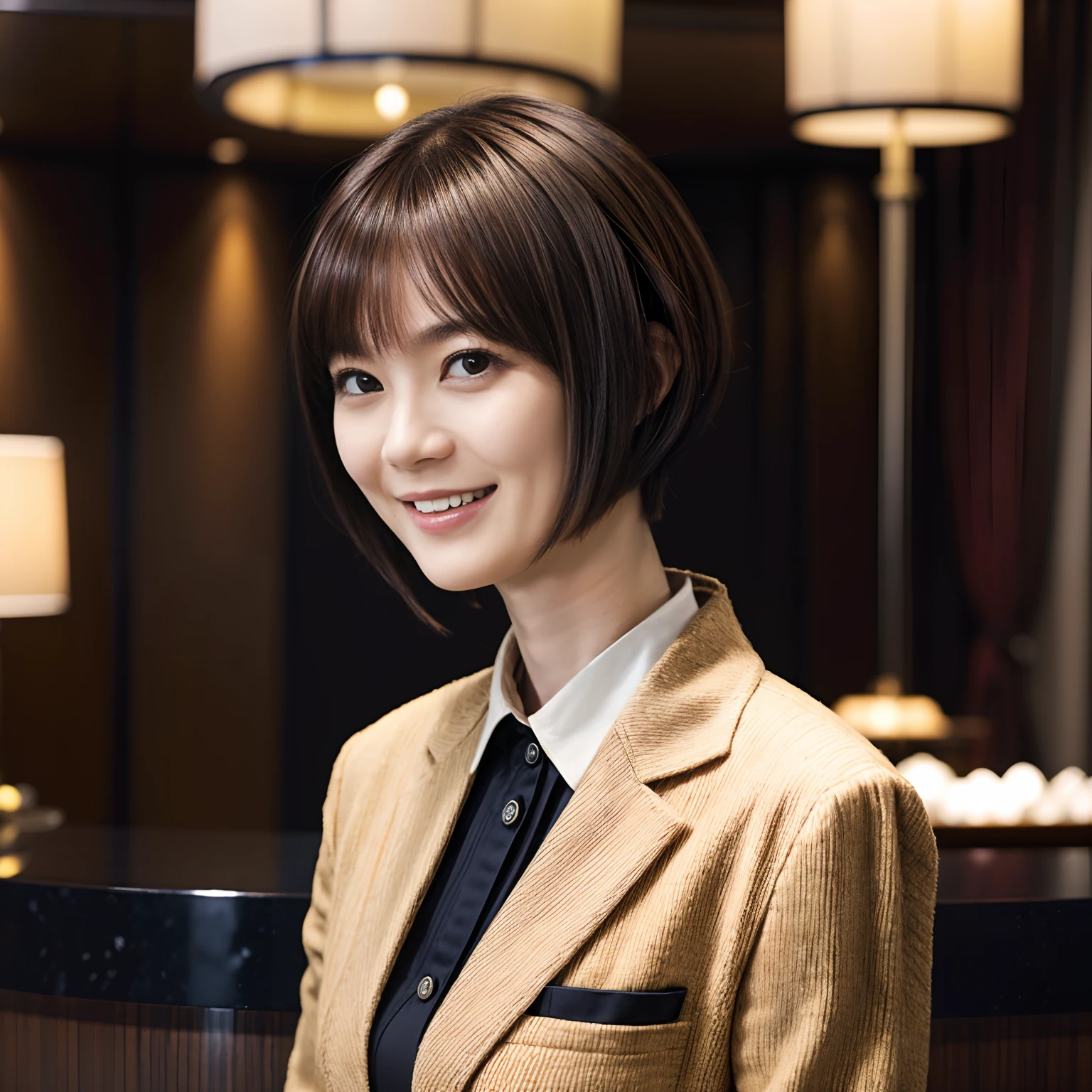 50
(19-year-old woman), (A hyper-realistic), (masutepiece), Short bob cut, Concierge at the hotel reception, kindly smile