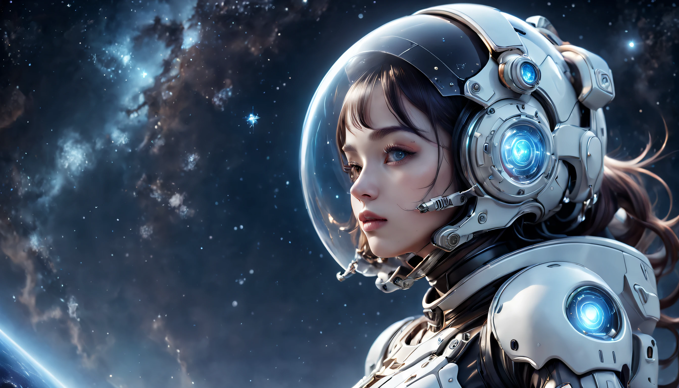 Translucent ethereal mechanical astronaut,Futuristic girl,Mechanical joints,Futuristic space helmet,Futuristic space starry sky background,ModelShoot style, (Extremely detailed CG unified 8k wallpaper), The beauty of abstract stylized portraits,,surrealism, 8K, Super detail, Best quality, Award-Awarded, Anatomically correct, 16k, Super detail