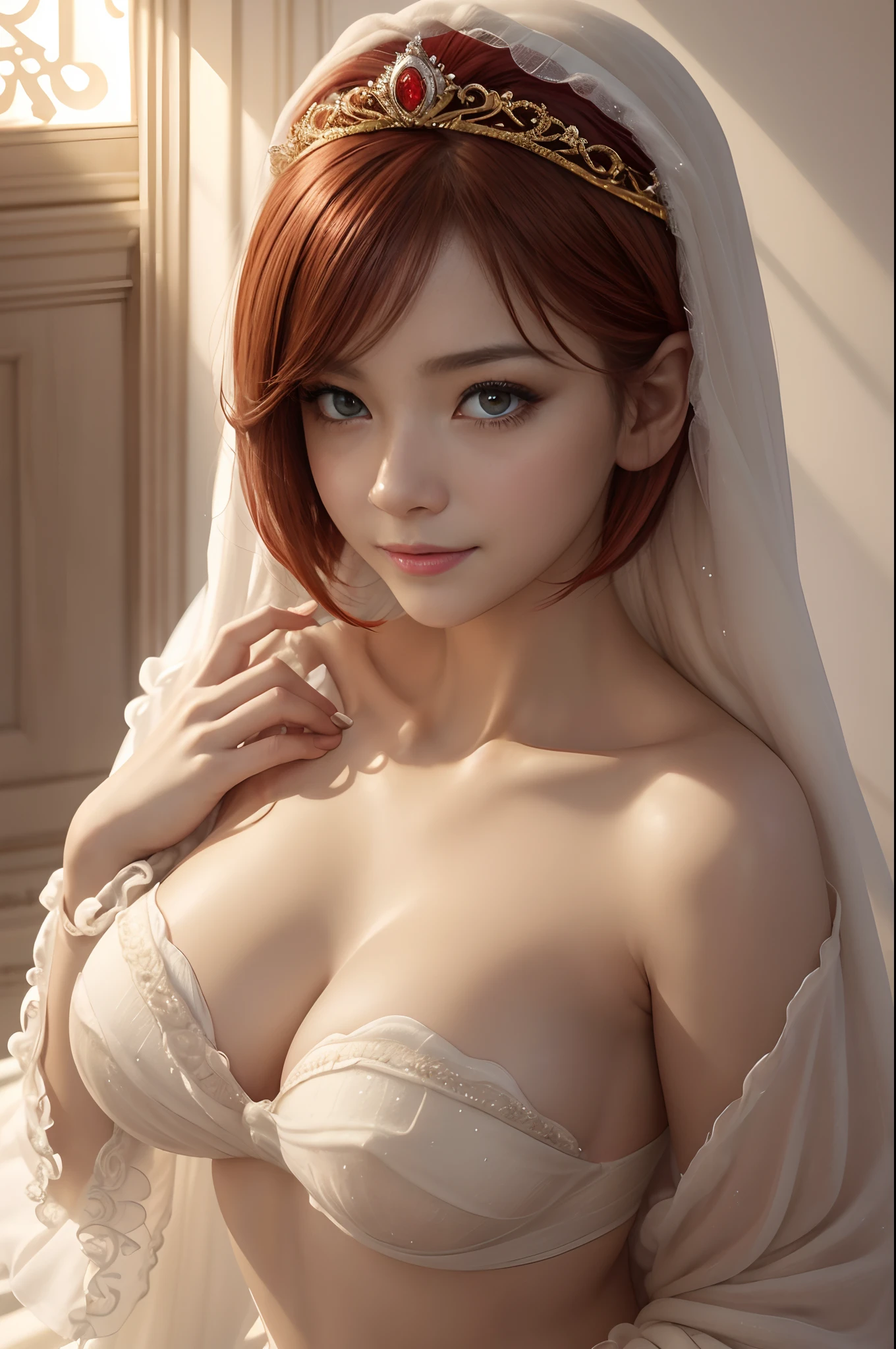 (masterpiece:1.2)、top-quality、(illstration:1.2)、(The ultra-detailliert)、Eye Focus、(Masterfully crafted Glow)、(Cinematic background)、Hyper-detailing、(delicate detail)、(intricate detailes)、octan render、HDR、(Hyper-detailing:1.15)、(softlight:1.2)、Super Beautiful Princess、Princess in a very beautiful red dress、Golden Decoration(super model:1.3)、Woman made up of paint、entirely paint、Splat、Splash、bionde(Bionde:1.1)、(radiant eyes)、((make - up))、(Cinematic masterpiece)、Delicate and powerful、 (Cinematic headlight)、((Caustic))、dynamic ungle、Beautiful detail glow、ambient occlusion、ambient lights、Ray trace reflection、(best illumination、Extremely delicate and beautiful)、((ciinematic light))、(The soft:2)、Vivid and high contrast、Contre-Jour、huge tit、Intricate details EABA、red cloak、silver tiara、a smile, Red short bob hair,Golden decoration,Poses that emphasize cleavage,