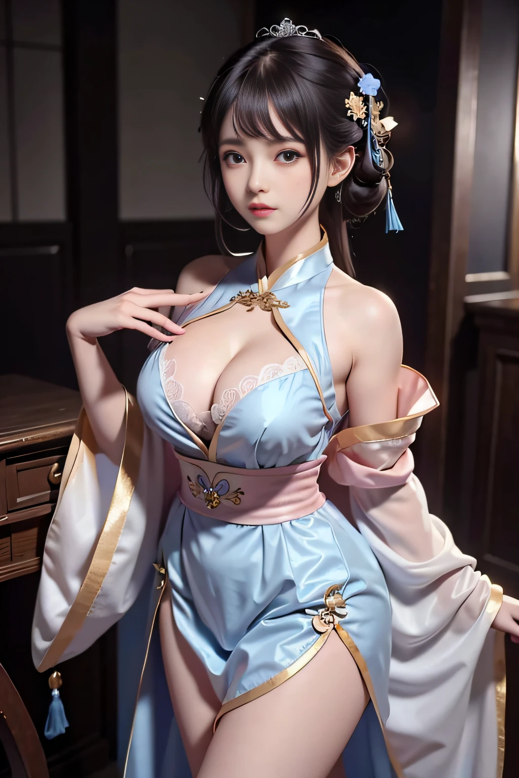 Wet-breasted Hanfu open V-chested clothes, All pictures, Wet body of thin silk fabric, Thin silk lace petticoat,princess 8 yeald old cute, (huge boobs，cleavage),petticoat, white pink, blue ，best qualtiy，tmasterpiece，超高分辨率，（真实感：1.4），RAW photogr，（True skin texture：1.3），（filmgrain：1.3），（Selfie angle），1个Giant Breast Girl，Beautiful eye and face details，tmasterpiece，Best quality at best，exposing thighs，Bigchest，The chest is more exposed，short detailed hair，above looking down facing at camera,short dressPrincess Eyes,Super big eyes,Detailed face,shiny pupils, randome color short dress