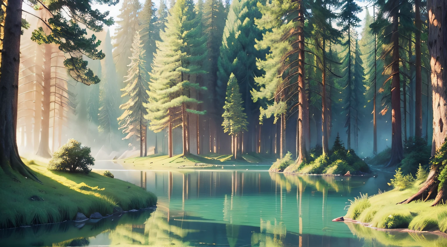 landscape of a forest, realistic, with trees, very green, with a very transparent lake, rays of sun