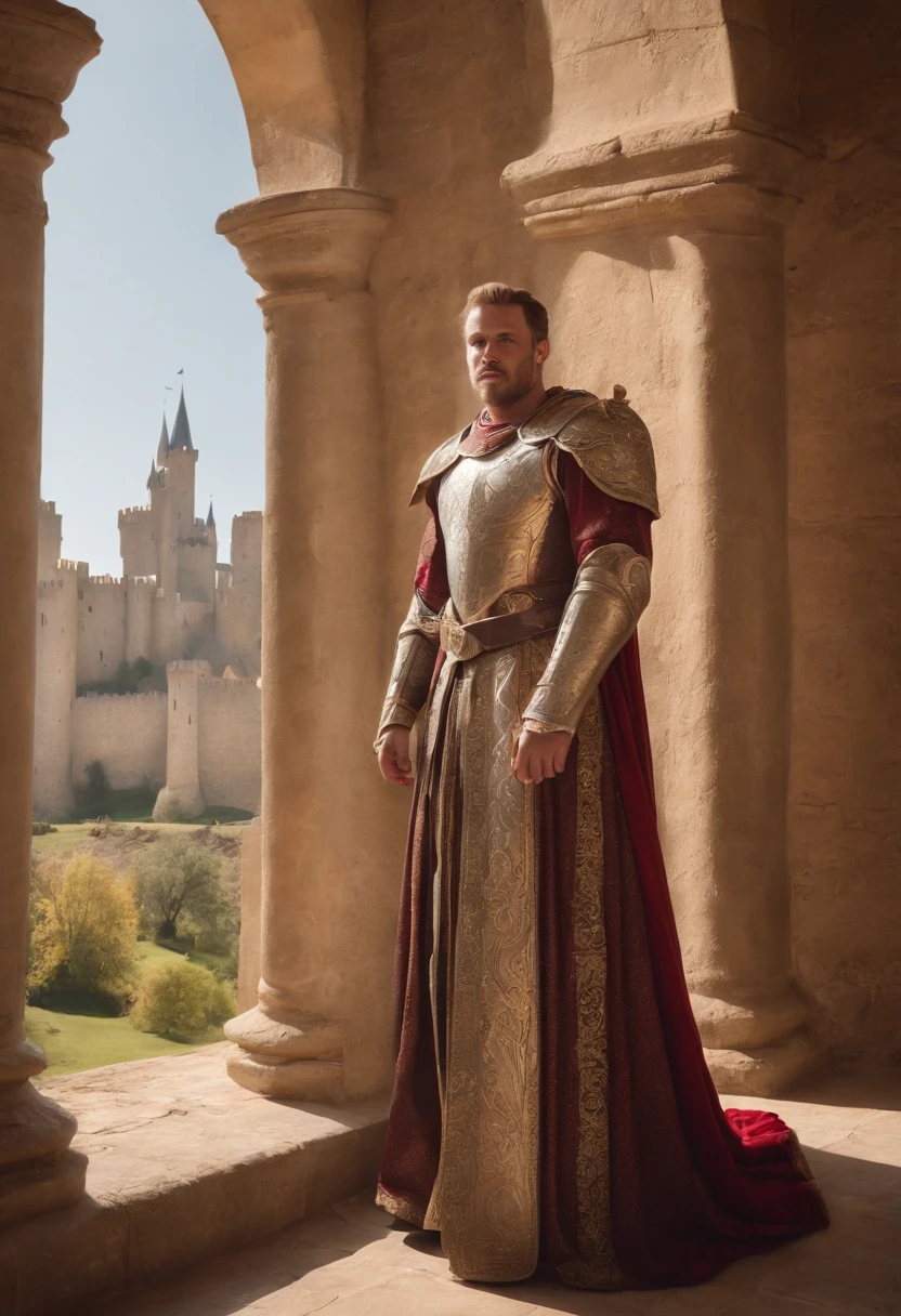 "Majestic royal knights，Wearing shiny armor，majestic-looking, Towering high in front of the magnificent castle, Embodies valor and nobility, Surrounded by a mysterious aura. The knight's armor shines with gold accents, Showcase intricate details and craftsmanship. The castle is decorated with soaring spires and elaborate stained glass windows, Exudes grandeur and ancient beauty. The scene is bathed in warm sunlight, Cast soft shadows and highlights, Enhance the majesty of knights and castles.+"
