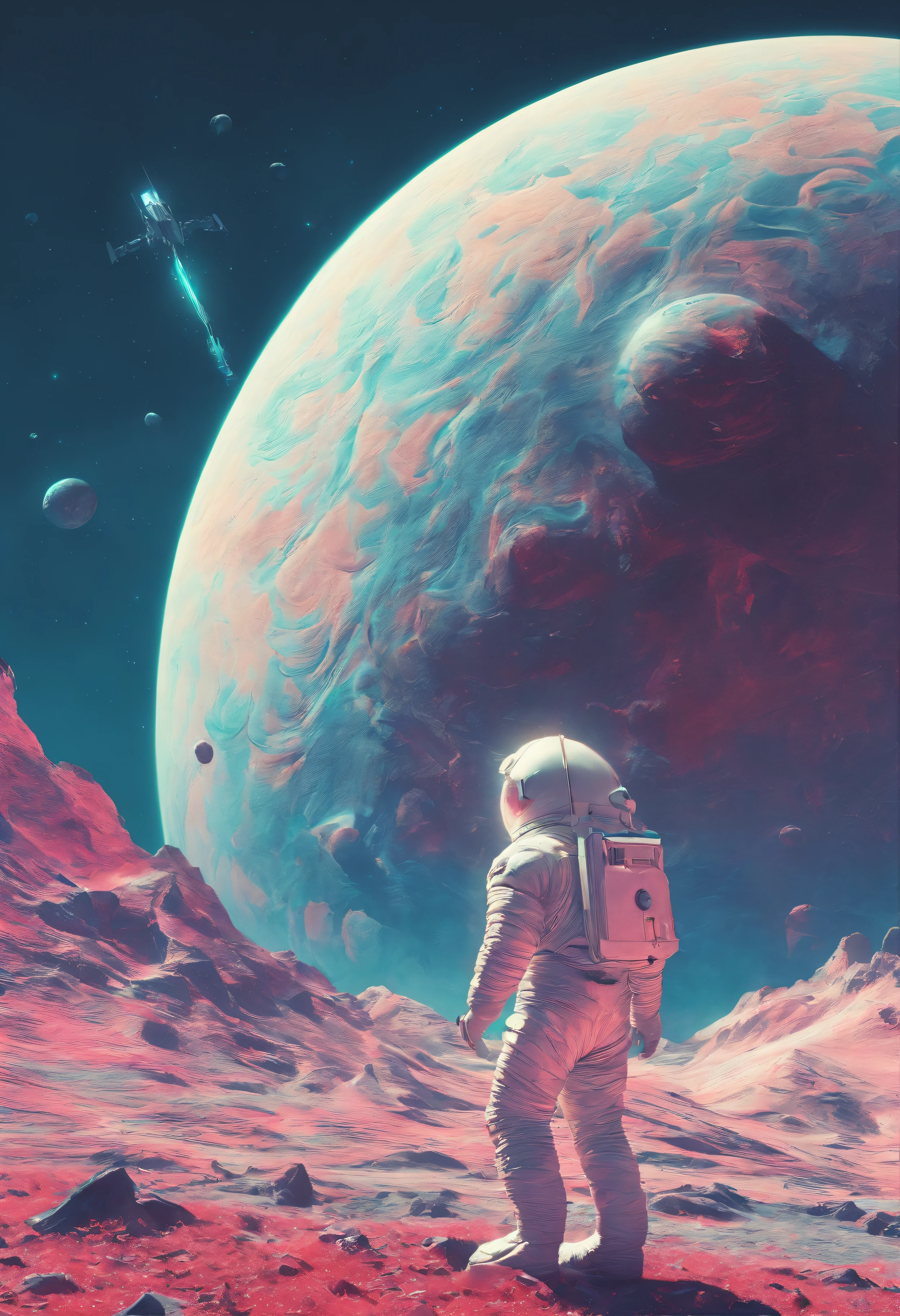 Astronauts climb mountains,with a planet in the background, lonely astronaut, detailed astronaut, Astronaut, fully space suited, astronaut in space, astronaut in space, astronaut on the moon, astronaut below, astronaut stranded on planet, key art, stefan koidl inspired, Inspired by Władysław Stžeminski, Cinematography concept art, inspired by Mike Winkelmann, weta, inspired by Marius Borgeaud, author:Matthias Koroth (Depth of field), Cinematic lighting, Ray tracing, mosaic art, 16k
