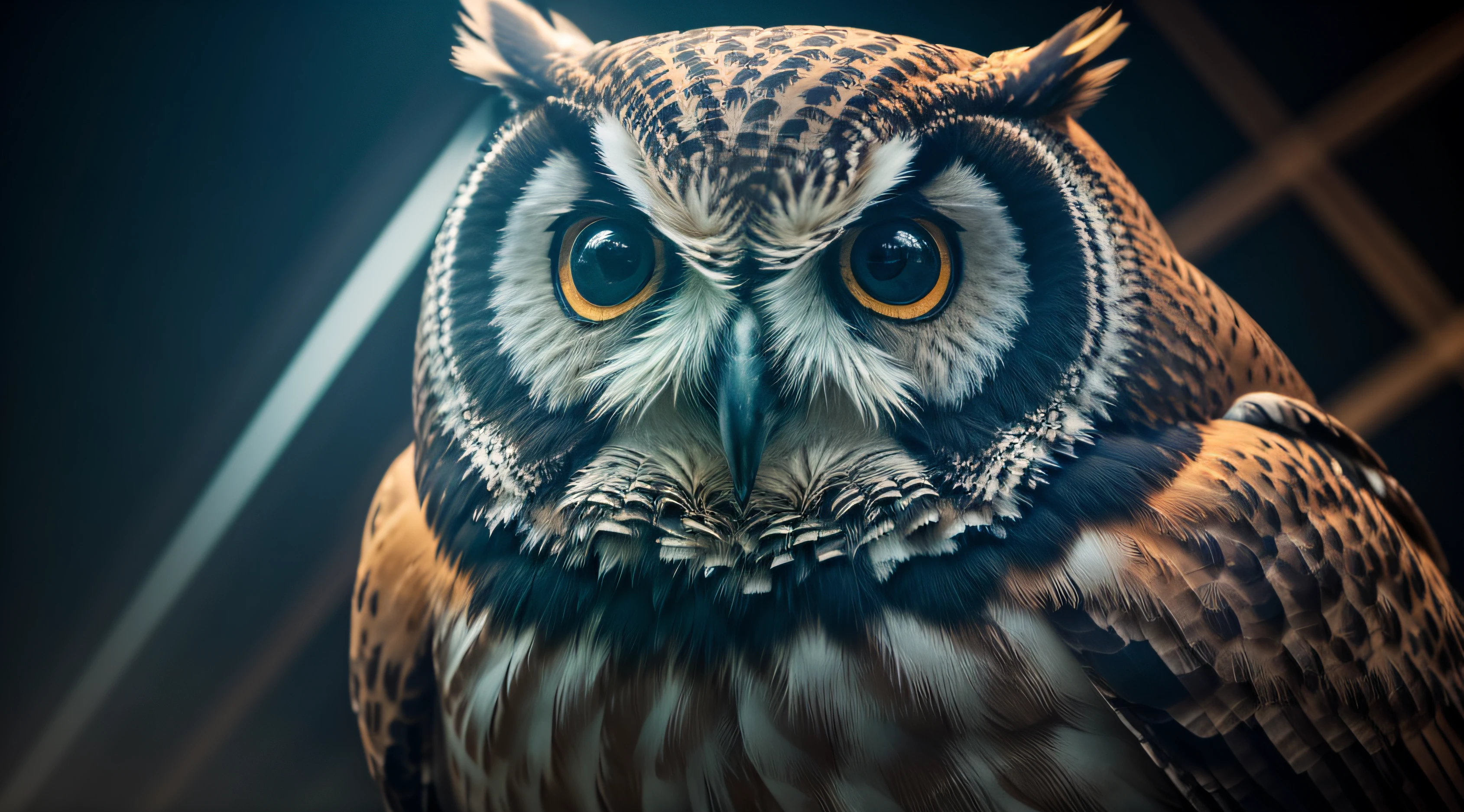 a computer wallpaper with an imposing owl with a mysterious look, Insanely detailed photography super detail, ccurate, best quality, UHD, masterpiece, ccurate, high quality, high details, Wallpapper , super detail, award winning, best quality, 16k, hyper detailed, intrinsically detailed, trend at ArtStation, luxury, volumetric lighting