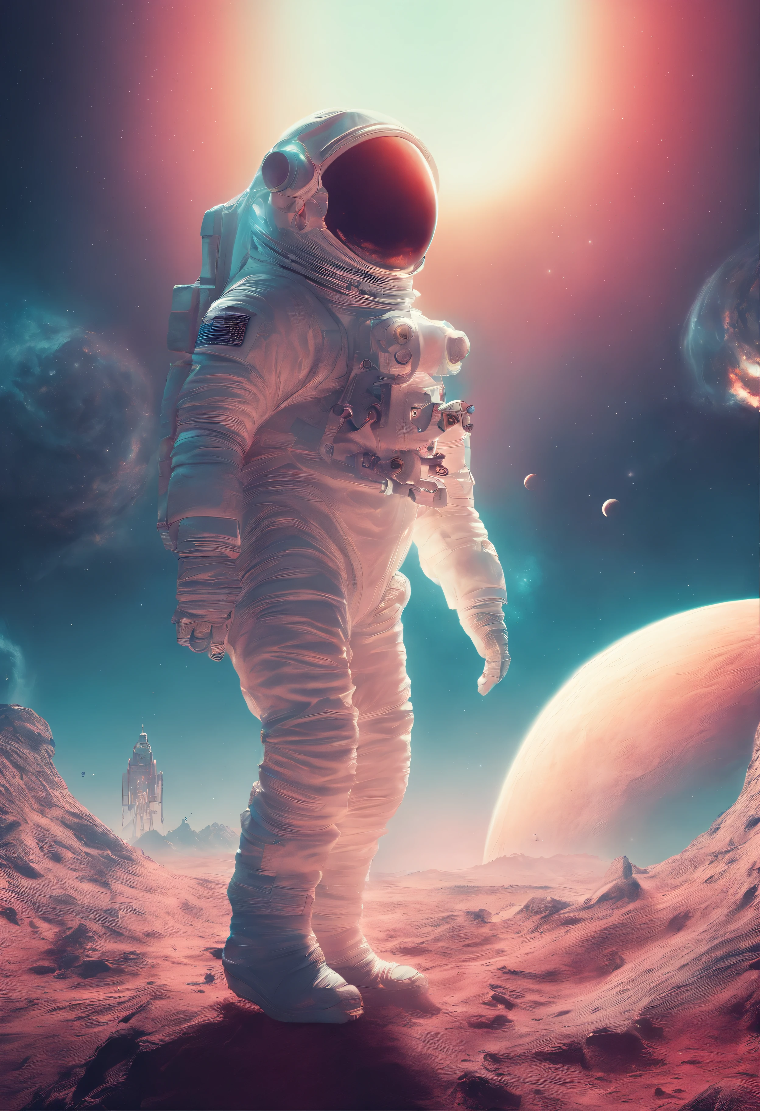 Astronauts climb mountains,with a planet in the background, lonely astronaut, detailed astronaut, Astronaut, fully space suited, astronaut in space, astronaut in space, astronaut on the moon, astronaut below, astronaut stranded on planet, key art, stefan koidl inspired, Inspired by Władysław Stžeminski, Cinematography concept art, inspired by Mike Winkelmann, weta, inspired by Marius Borgeaud, author:Matthias Koroth (Depth of field), Cinematic lighting, Ray tracing, mosaic art, 16k