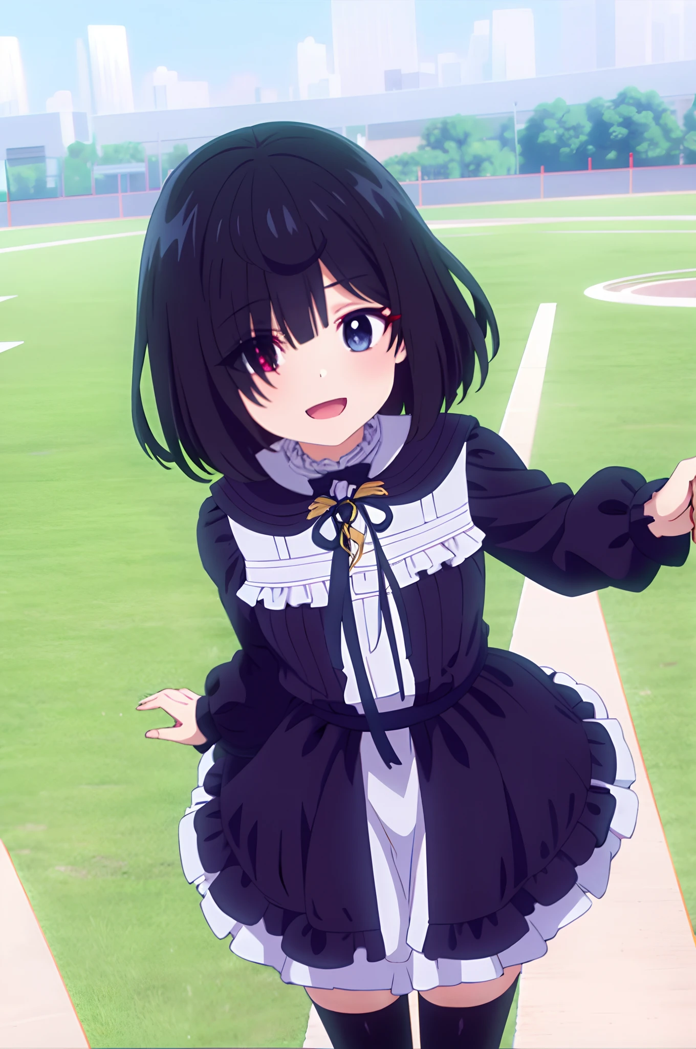 shiina_tsumugi, 1girl, bangs, blue eyes, red eyes, eyes visible through hair, hair between eyes, heterochromia, short hair, black hair, standing, hair over one eye, long sleeves, frilled dress, black dress, black thighhighs, cowboy shot, arms behind back, masterpiece, smile, ((upper body)), outdoors, facing viewer, flower field,