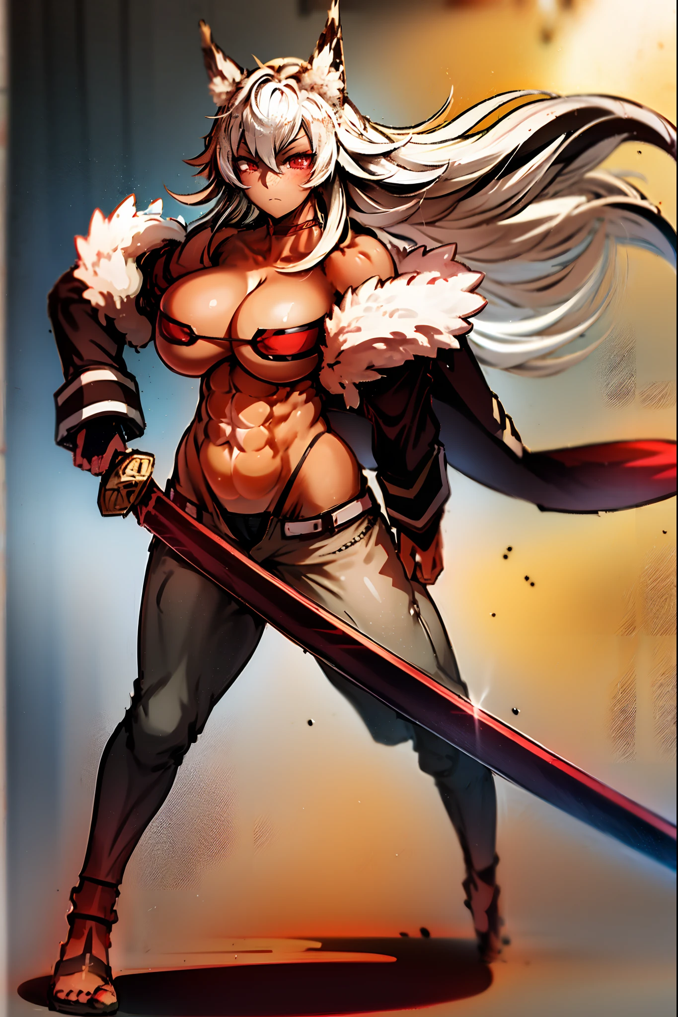 ghislaine dedoldia, animal ears, choker, fur trim, large breasts, abs, muscular woman, white hair, standing, sword holding, fulll body, boots smily , pants, flipflops,standing,warrior