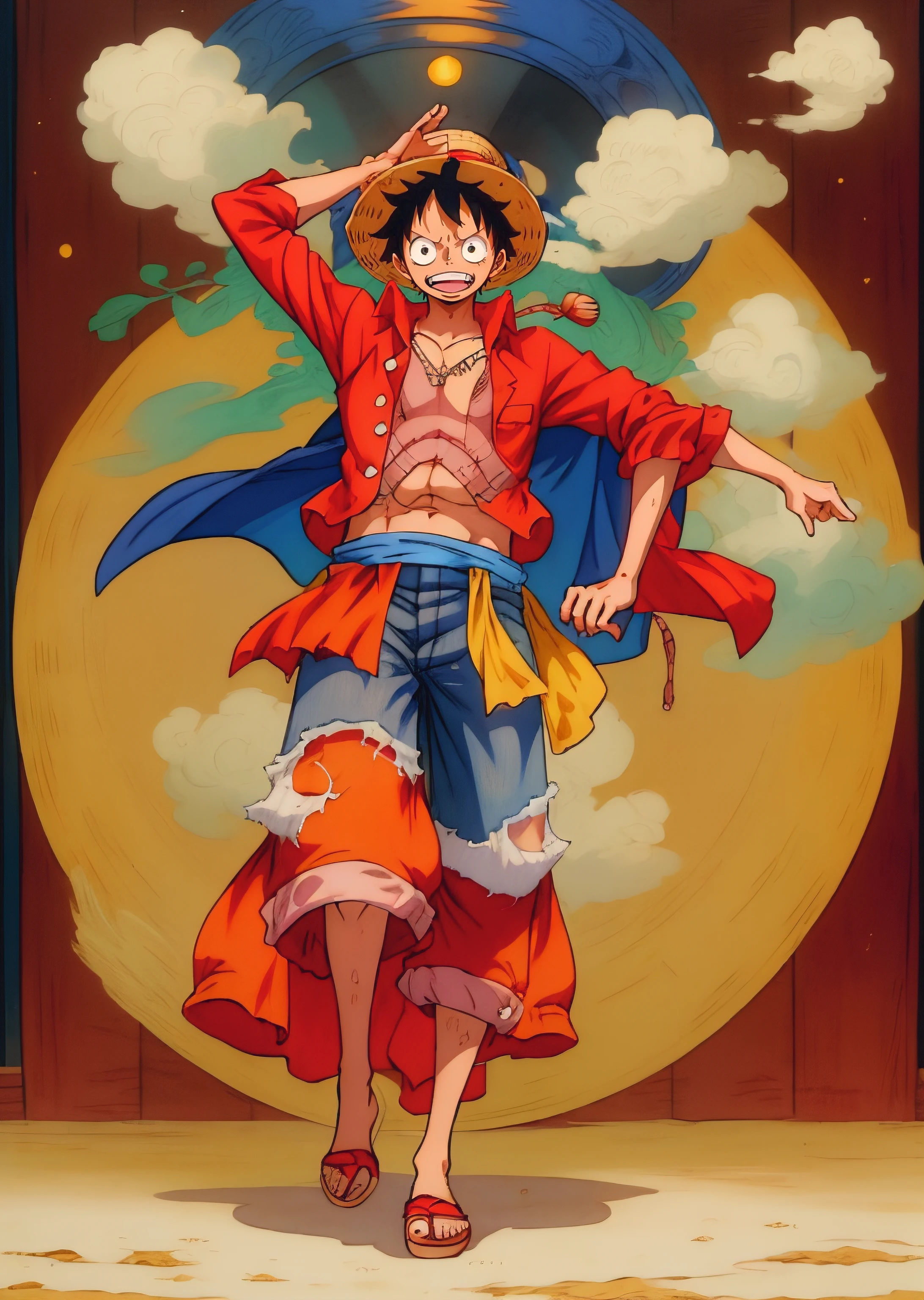 1man, solo, (masterpiece), best quality, ultra-detailed, Monkey D. Luffy from One Piece, straw hat, Retro style, full body. fashion cloth, jean jacket, fancy.