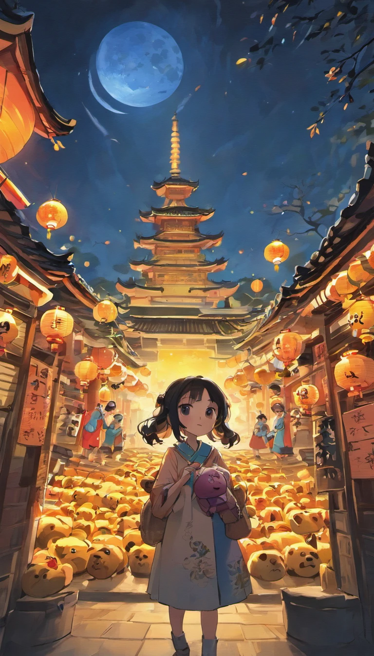 Mid-autumn nights,A shining full moon hangs over the starry sky,wide々And the square is lit up。In the middle of the square,Two charming giant pandas standing under the moon,Their black and white colors are especially vivid in the moonlight。Two pandas、Seems to be the patron of the Mid-Autumn Festival celebrations,Surrounded by soft light,Extra Cute,Eye-catching。
Traditional bamboo lanterns and art installations dot the square,Create a mysterious and beautiful atmosphere for this celebration。Mooncake stall is、It's filled with mooncakes for every taste,The aroma is fragrant,The panda became the star of the square,Many tourists visit and take pictures。
As night falls,composed々The light will turn on,Add a lot of color to the whole scene。In the sky,Fireworks in full bloom,With pandas and the moon, It constitutes a magnificent picture scroll for the celebration of the Mid-Autumn Festival。The scene is full of a unique atmosphere of art and celebration,It will definitely impress。