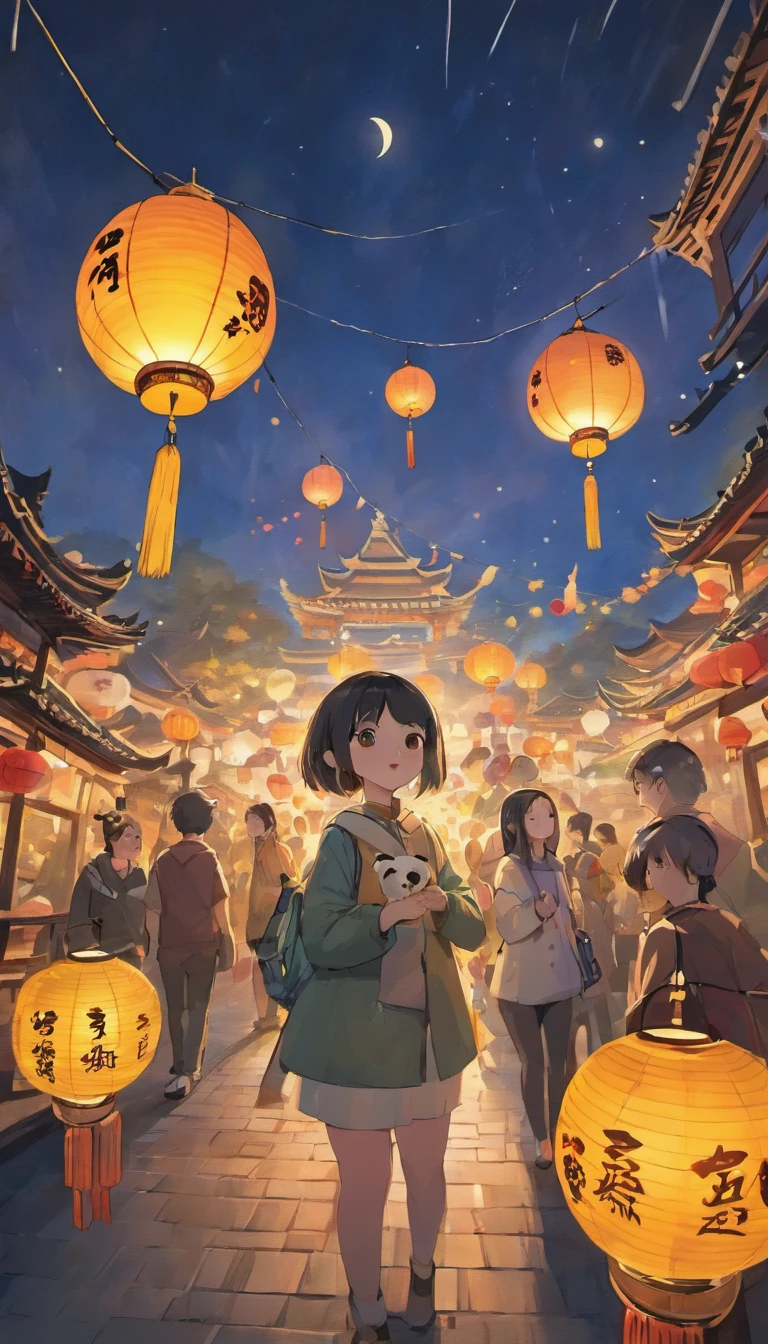 Mid-autumn nights,A shining full moon hangs over the starry sky,wide々And the square is lit up。In the middle of the square,Two charming giant pandas standing under the moon,Their black and white colors are especially vivid in the moonlight。Two pandas、Seems to be the patron of the Mid-Autumn Festival celebrations,Surrounded by soft light,Extra Cute,Eye-catching。
Traditional bamboo lanterns and art installations dot the square,Create a mysterious and beautiful atmosphere for this celebration。Mooncake stall is、It's filled with mooncakes for every taste,The aroma is fragrant,The panda became the star of the square,Many tourists visit and take pictures。
As night falls,composed々The light will turn on,Add a lot of color to the whole scene。In the sky,Fireworks in full bloom,With pandas and the moon, It constitutes a magnificent picture scroll for the celebration of the Mid-Autumn Festival。The scene is full of a unique atmosphere of art and celebration,It will definitely impress。