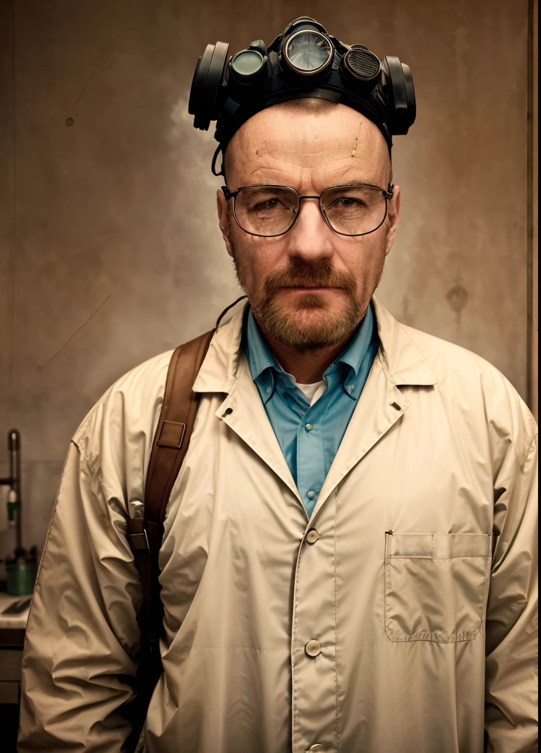 A stunning intricate full colour upper body photo of man wearing glasses, (wearing a lab coat and a gas mask on the head), bald,
epic character composition,
by ilya kuvshinov, alessio albi, nina masic,
sharp focus, natural lighting, subsurface scattering, f2, 35mm, film grain