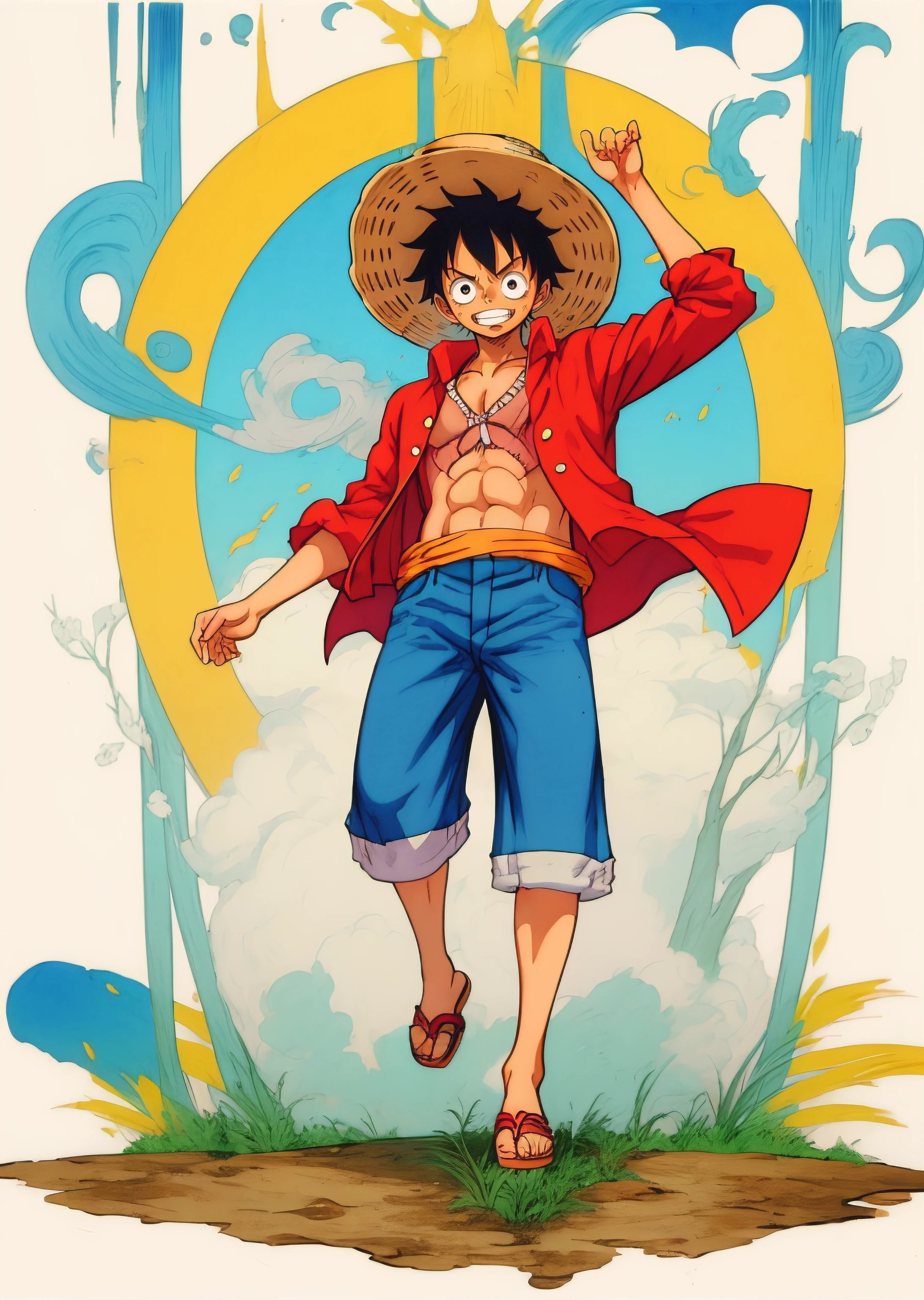 1man, solo, (masterpiece), best quality, ultra-detailed, Monkey D. Luffy from One Piece, straw hat, Retro style, full body. fashion cloth, jean jacket, fancy.