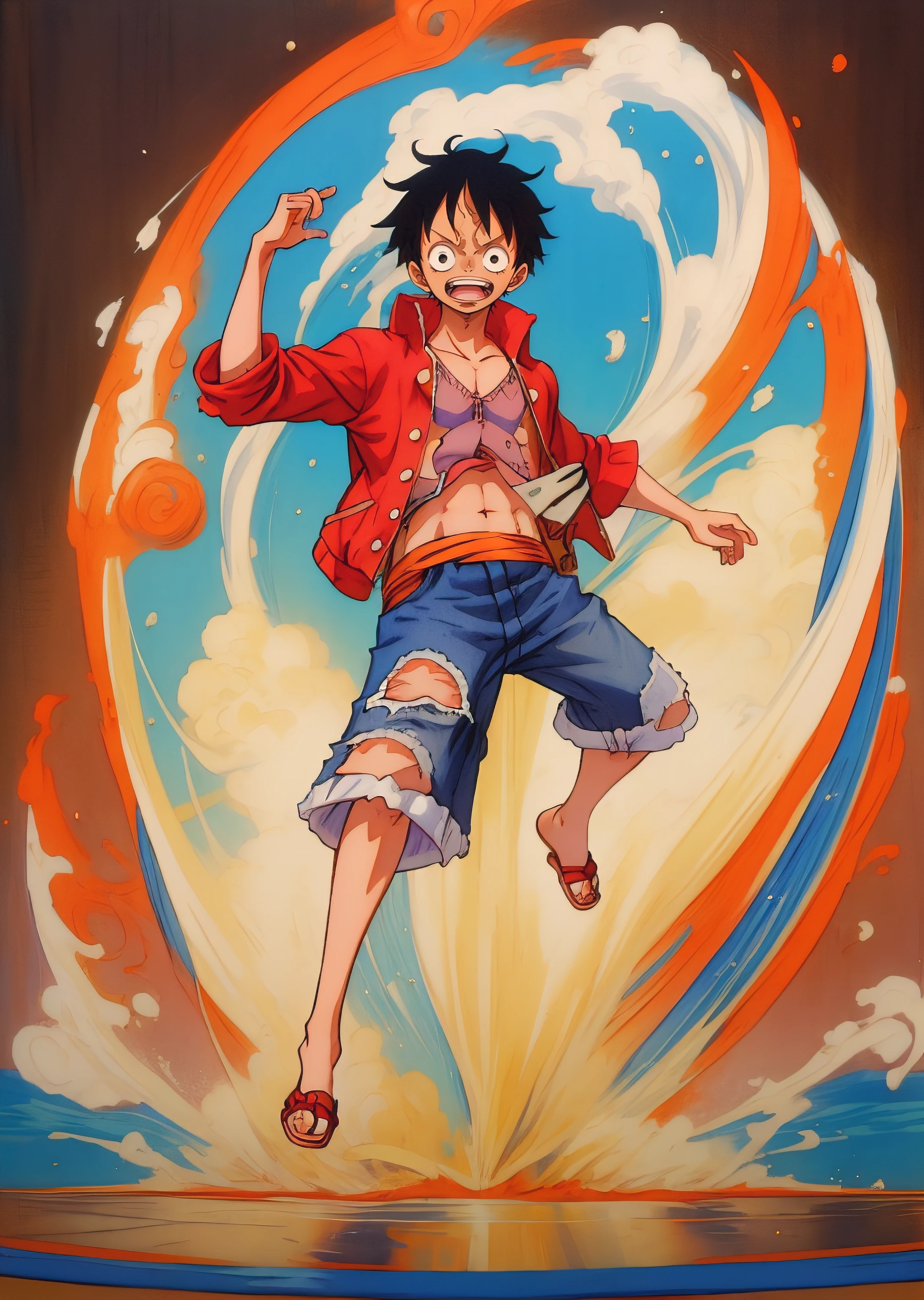 1man, solo, (masterpiece), best quality, ultra-detailed, Luffy from One Piece, Retro style, full body. fashion cloth, jean jacket, fancy.