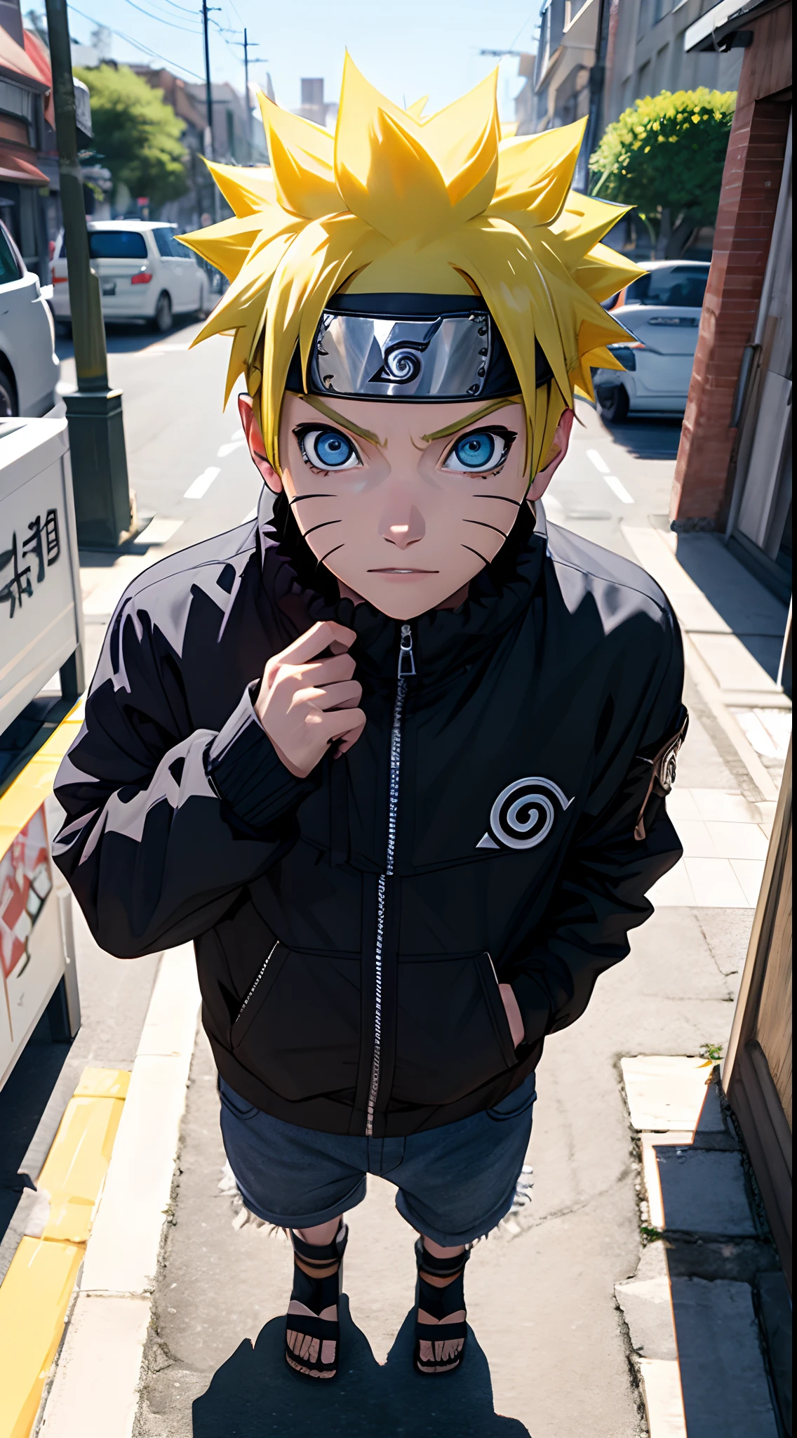 Masterpiece, Superb Style, streewear chothes, Outdoor, half Body, Uzumaki Naruto, blue eyes, short yellow hair,a boy