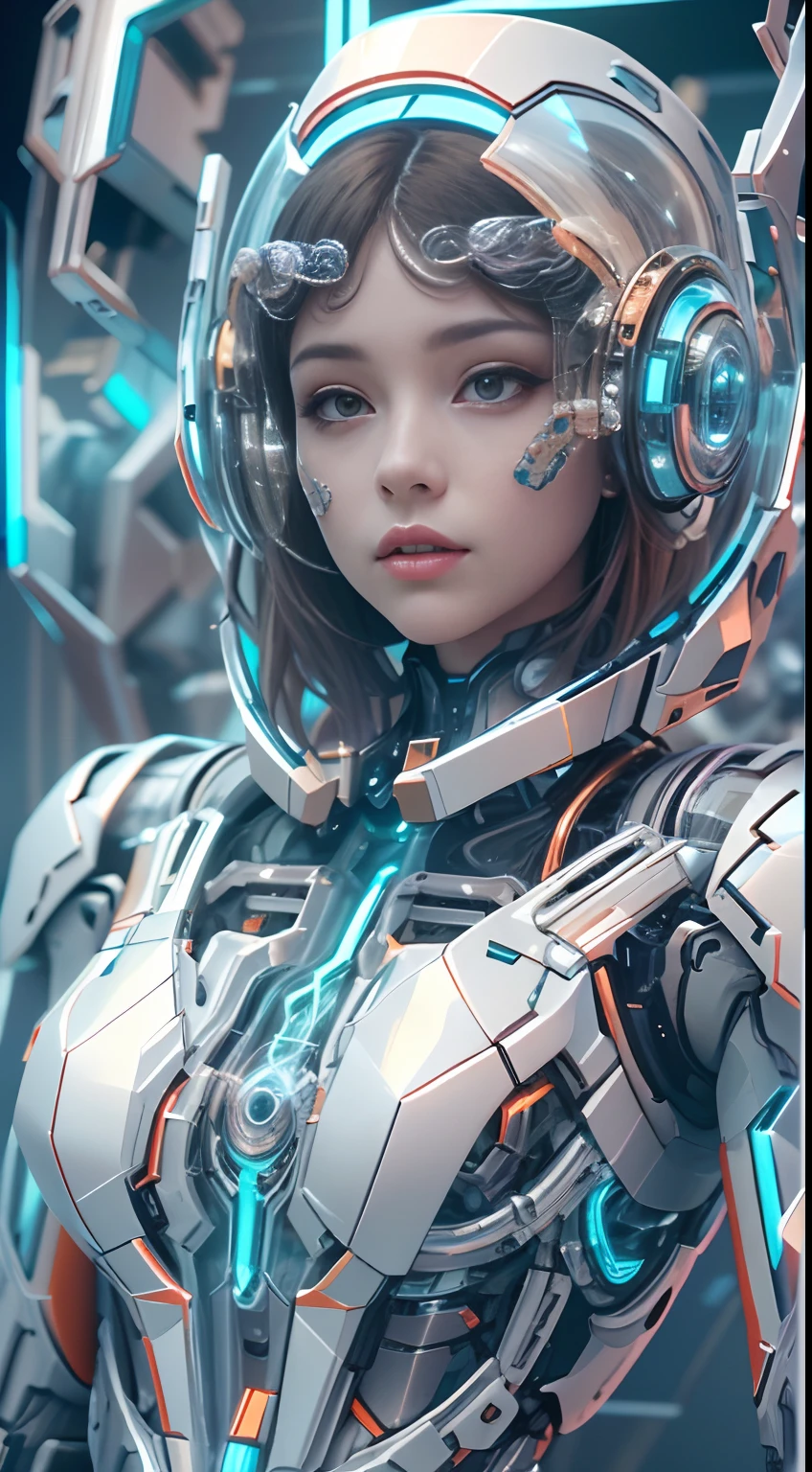 Translucent ethereal mechanical astronaut，Futuristic girl，Mechanical joints，futuristic urban background，ModelShoot style, (Extremely detailed Cg Unity 8k wallpaper), The beauty of abstract stylization,，surrealism, 8K, Super detail, Best quality, Award-Awarded, Anatomically correct, 16k, Super detail