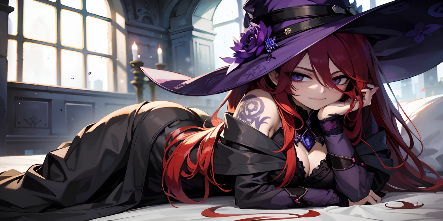 A young girl with red hair and purple eyes, tattoed shoulder, dressed in a dark purple gown, lies on a mattress covered with a sheet in a medieval room. The room is adorned with wallpaper depicting intricate patterns from the medieval era. The girl's face is extremely detailed, with beautiful and detailed eyes, long eyelashes, and lips. Her expression reflects the mysterious nature of a witch. The image is of the highest quality, with a resolution of 4k, making it a true masterpiece.