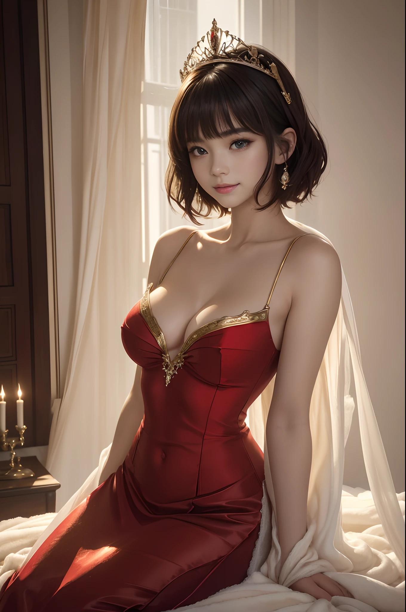 (masterpiece:1.2)、top-quality、(illstration:1.2)、(The ultra-detailliert)、Eye Focus、(Masterfully crafted Glow)、(Cinematic background)、Hyper-detailing、(delicate detail)、(intricate detailes)、octan render、HDR、(Hyper-detailing:1.15)、(softlight:1.2)、Super Beautiful Princess、Princess in a very beautiful red dress、Golden Decoration(super model:1.3)、Woman made up of paint、entirely paint、Splat、Splash、bionde(Bionde:1.1)、(radiant eyes)、((make - up))、(Cinematic masterpiece)、Delicate and powerful、 (Cinematic headlight)、((Caustic))、dynamic ungle、Beautiful detail glow、ambient occlusion、ambient lights、Ray trace reflection、(best illumination、Extremely delicate and beautiful)、((ciinematic light))、(The soft:2)、Vivid and high contrast、Contre-Jour、huge tit、Intricate details EABA、red cloak、silver tiara、a smile, Red short bob hair,Golden decoration,all-fours.