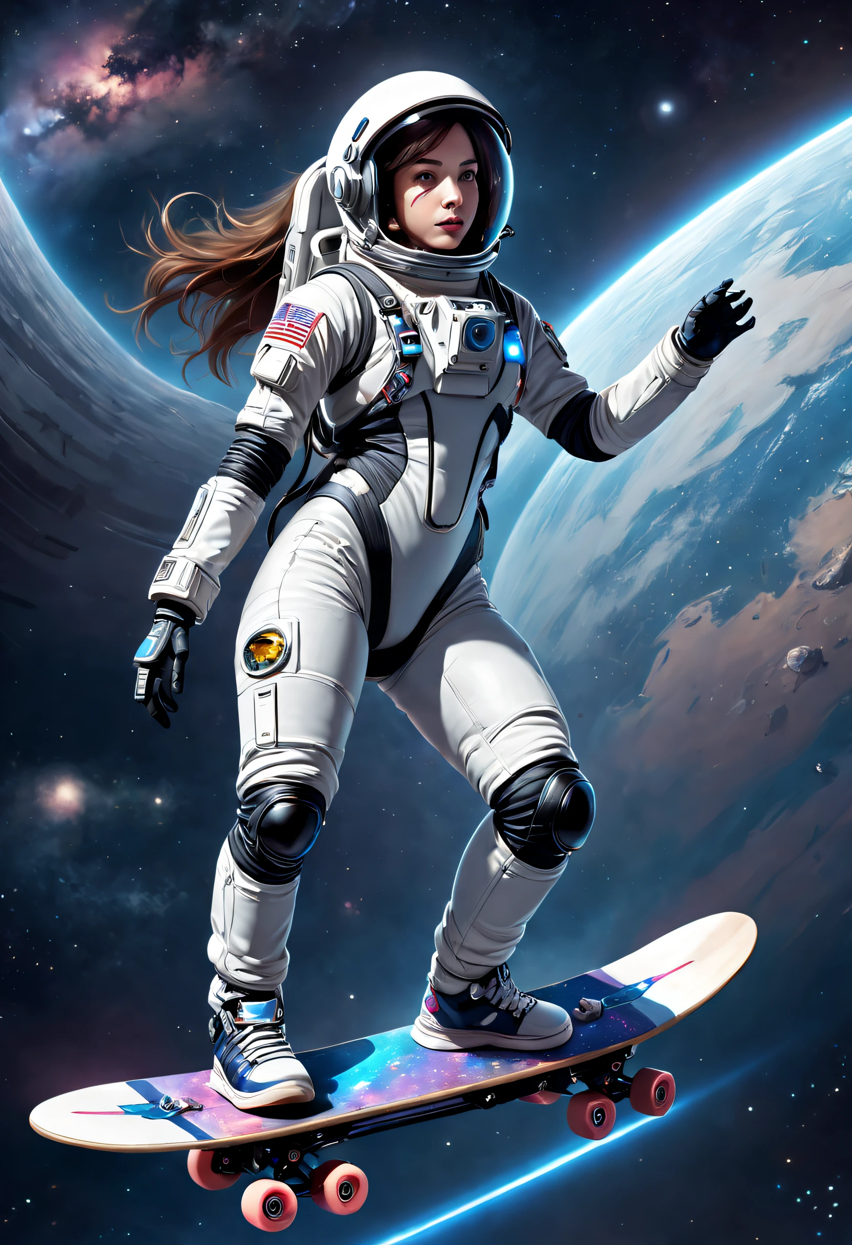 Futuristic female astronaut skateboarding in space，Futuristic tech skateboarding，Cosmic shuttle skateboarding，Mechanical skateboard，Beautiful sci-fi art, Science-fi digital art illustration, Digital cyberpunk art, science fiction digital painting, futuristic digital painting, futuristic concept art, Science fiction universe starry sky, science fiction digital art, Advanced digital cyberpunk art, Fantastic cyberpunk female astronaut,surrealism, Super detail, ccurate, Best quality, hyper HD, Masterpiece, Anatomically correct, A high resolution, 16k，(Best quality,4K,8K,A high resolution,Masterpiece:1.2),Ultra-detailed,Realistic,