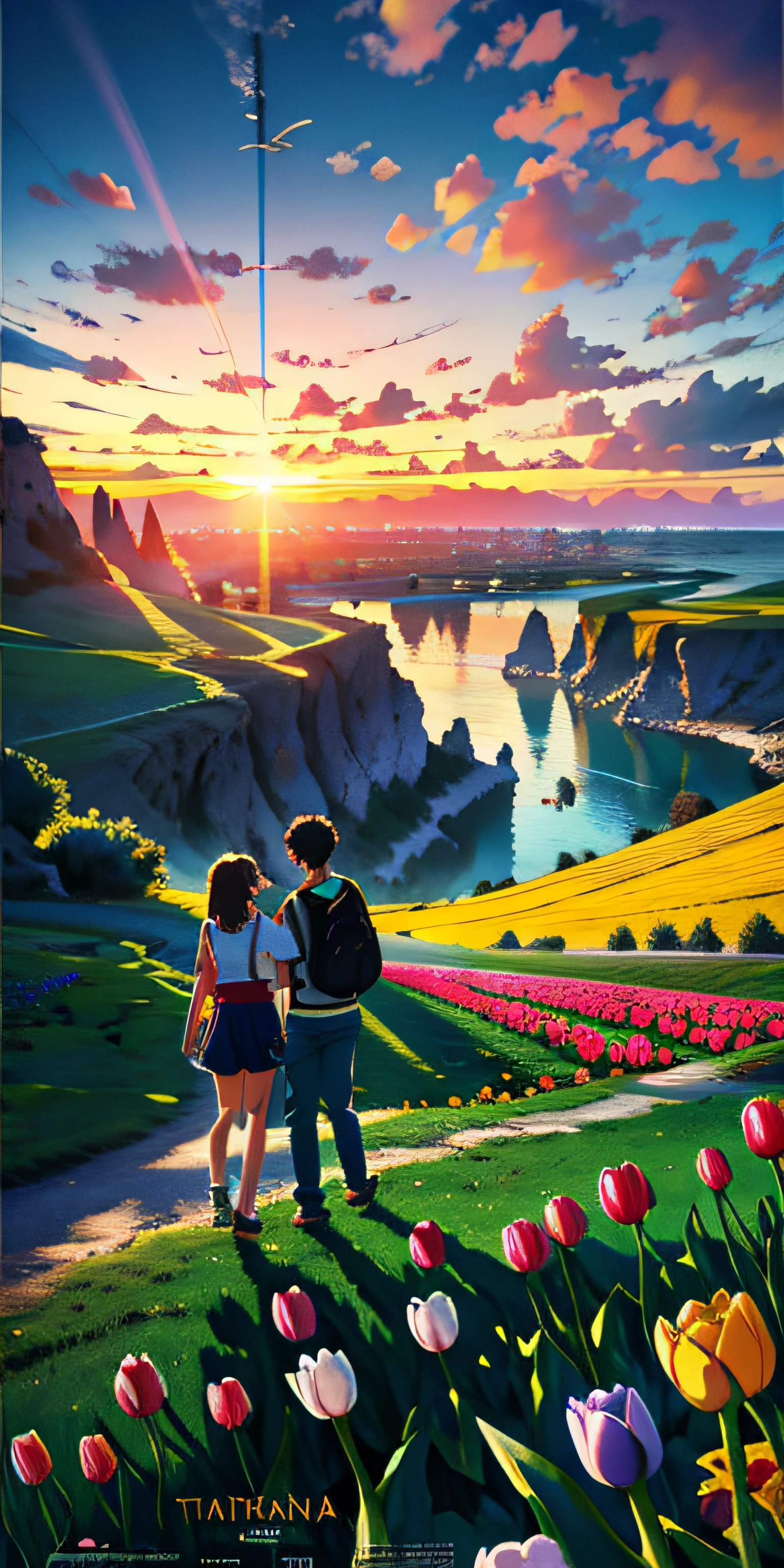 Poster de pelicula, Couple kissing, Paisaje Epico, Atardecer, Tulipanes, 8k,