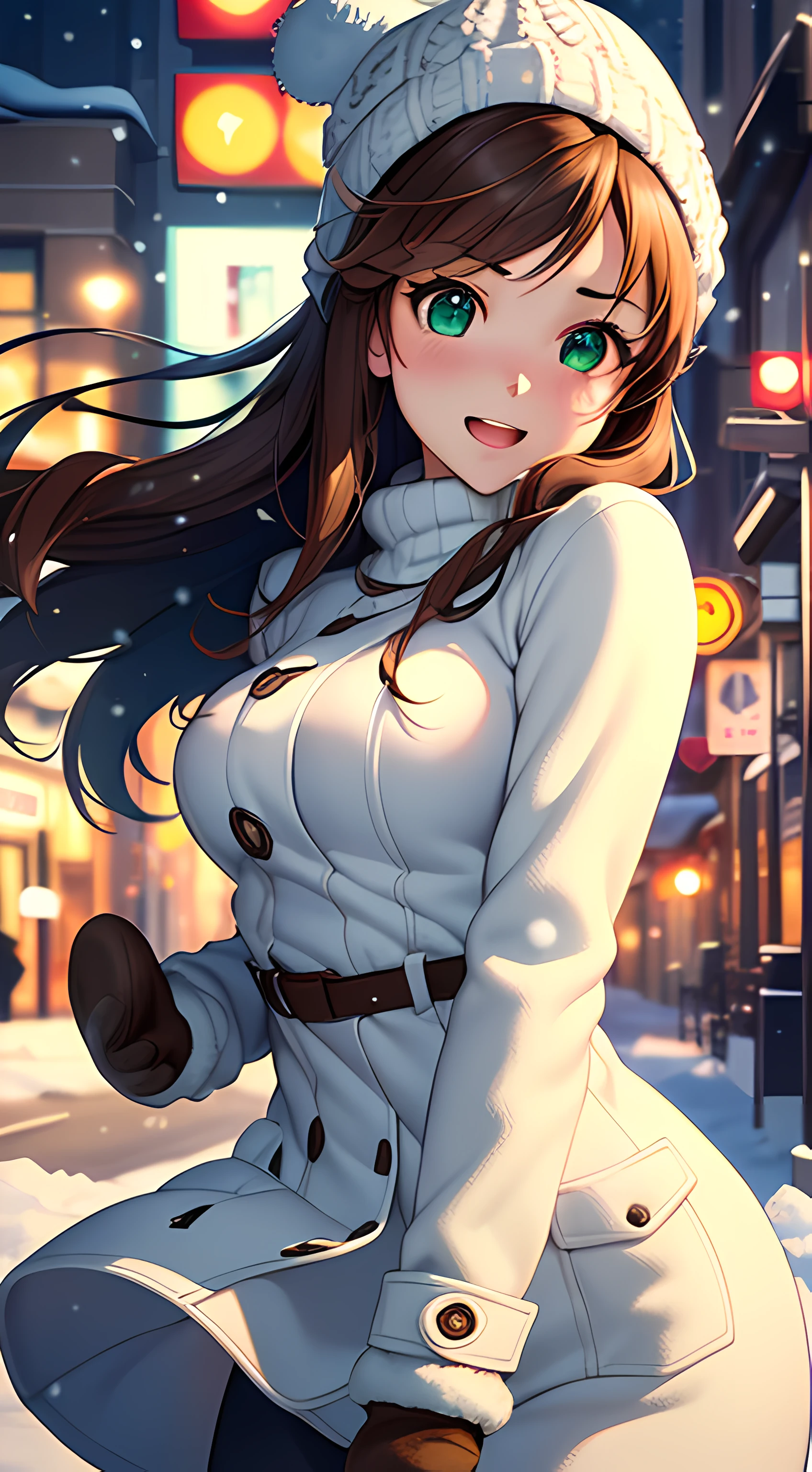 ((masterpiece, best quality, highres, UHD, perfect pixel, depth of field, 4k, RTX, HDR)), 1girl, single, solo, 24 years old, beautiful anime girl, beautiful artstyle, anime character, ((long hair, parted bangs, brown hair)), (green eyes:1.4, rounded eyes, beautiful eyelashes, realistic eyes), (detailed face, blushing:1.2), (smooth texture:0.75, realistic texture:0.65, photorealistic:1.2, cinematic, anime CG style), medium breasts, perfect body, busty, (dynamic angle, dynamic pose, from top), ((winter clothes, long coats, knit hat, mittens, gloves, long underwear)), night, city lights, bokeh:1.4, (outdoor, city buildings), ((winter, snowfall:1.8, the wind blows), sly smile, open mouth