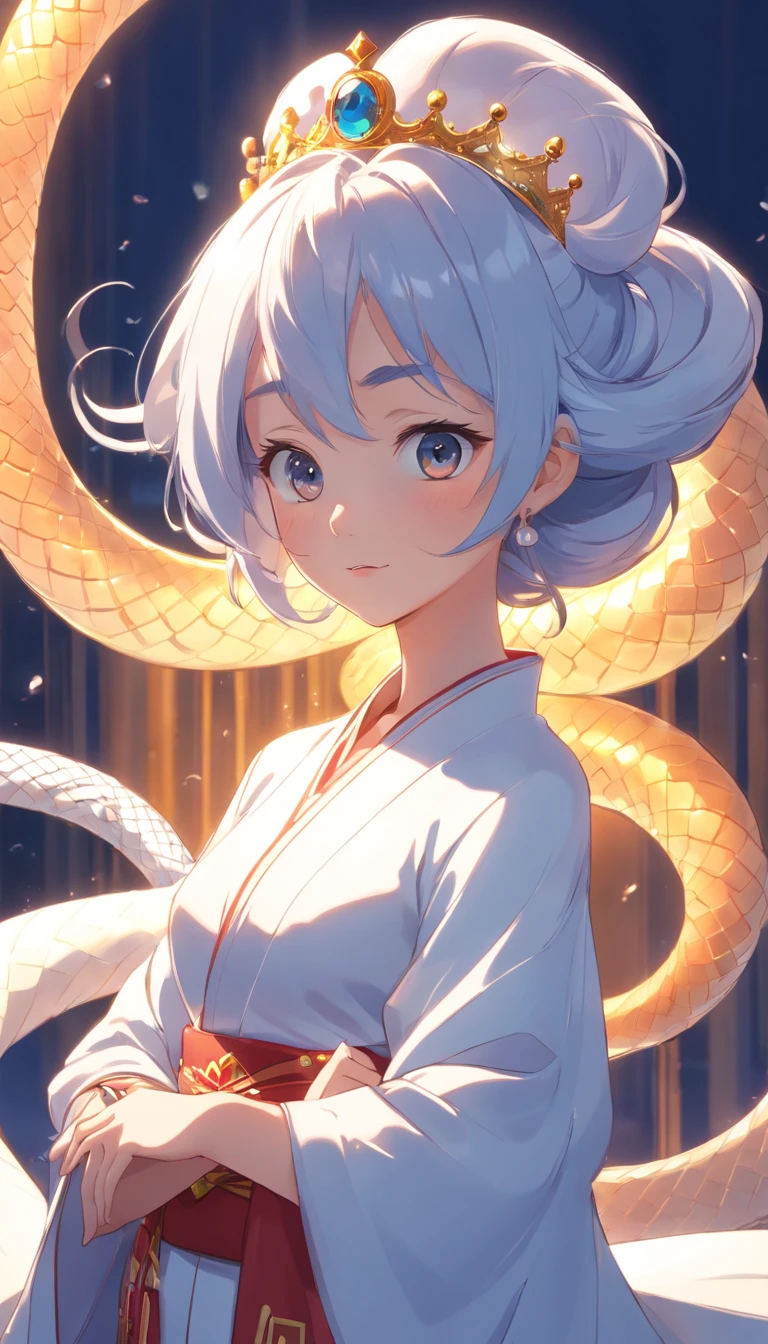 Pixar style super cute anthropomorphic White Snake, wearing hanfu and crystal crown, standing, charming big eyes, lovely tail, standing, surreal, super fine, luxurious, elegant standing, charming big eyes, lovely tail, standing, surreal, super detailed, luxurious, elegant, complex, gorgeous, illusory engine, octane rendering, 8K, VRAY surrealism