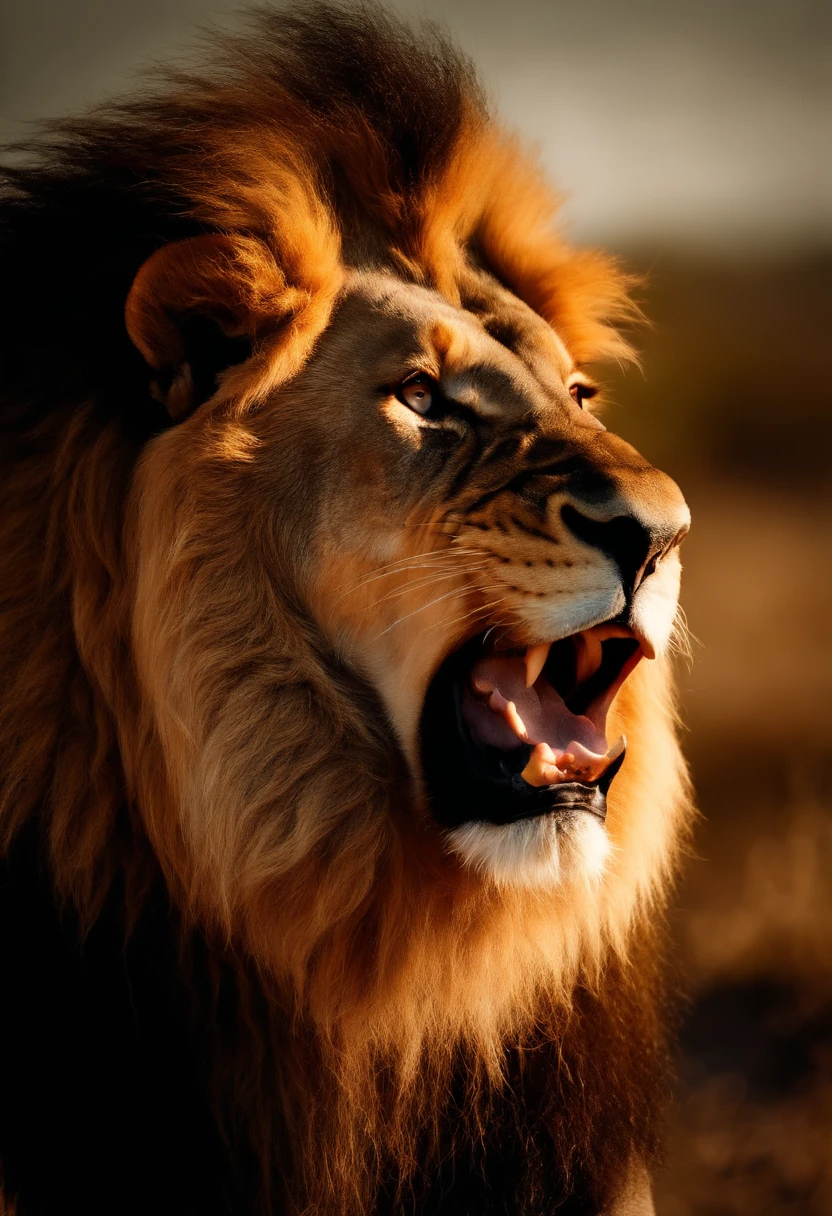 Ferocious lion roaring with a gleaming crown in a clearing