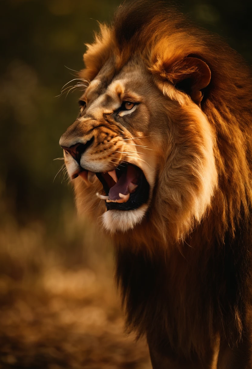 Ferocious lion roaring with a gleaming crown in a clearing