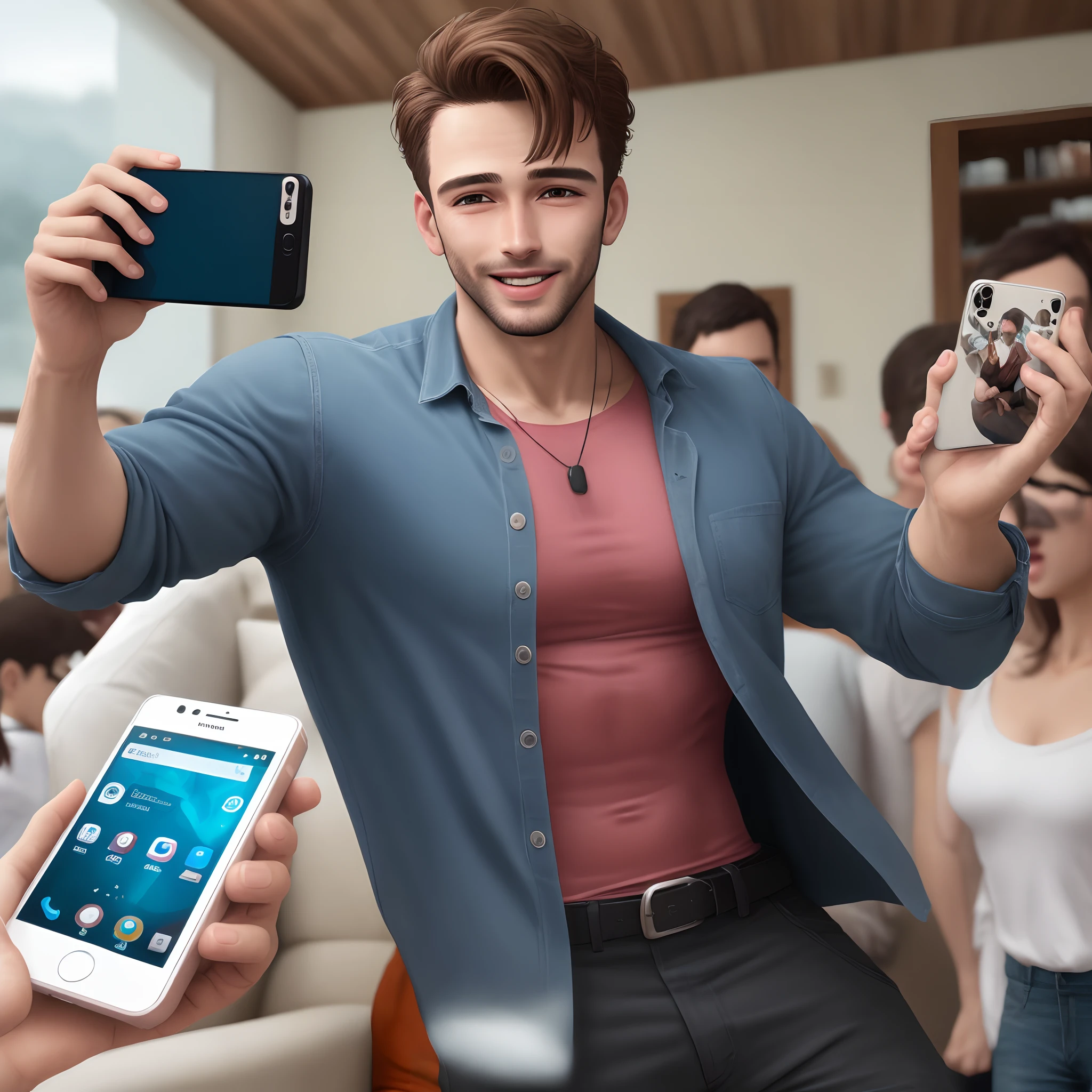Homem olhando para celular e comemorando