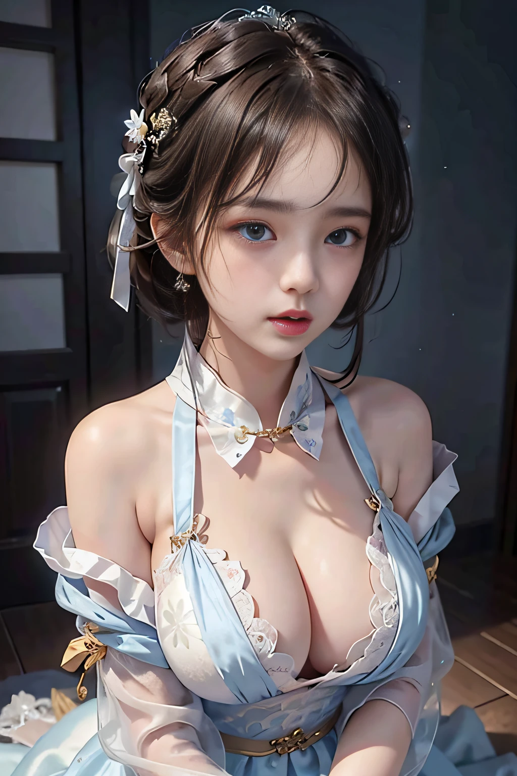 Wet-breasted Hanfu open V-chested clothes, All pictures, Wet body of thin silk fabric, Thin silk lace petticoat,princess 8 yeald old cute, (huge boobs,cleavage),petticoat, white pink, blue ,best qualtiy,tmasterpiece,超高分辨率,(真实感:1.4),RAW photogr,(True skin texture:1.3),(filmgrain:1.3),(Selfie angle),1个Giant Breast Girl,Beautiful eye and face details,tmasterpiece,Best quality at best,exposing thighs,Bigchest,The chest is more exposed,short detailed hair,above looking down facing at camera,short dressPrincess Eyes,Super big eyes,Detailed face,shiny pupils, randome color short dress, wedding dress