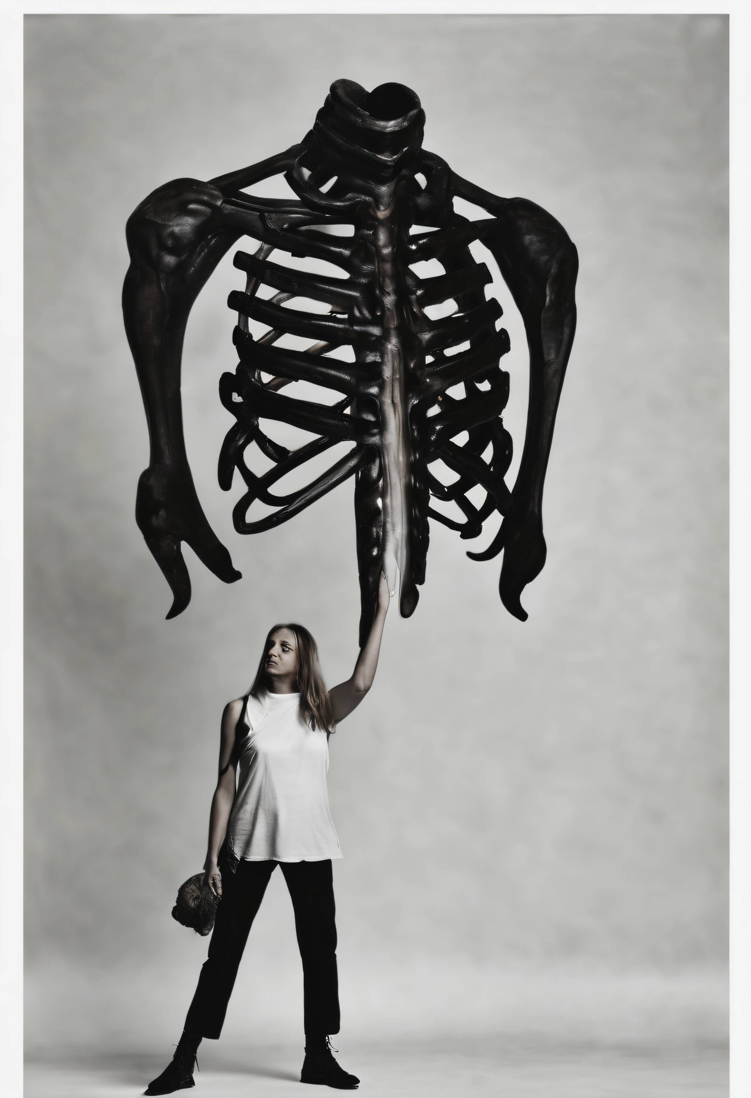 "(The best lighting, alto contraste, oscuro, dramatic),(Chica rubia junto a una cabra negra gigante, Open the rib cage, feto, autopsia, huesos humanos, sangre por las paredes). Luz Caravaggio"