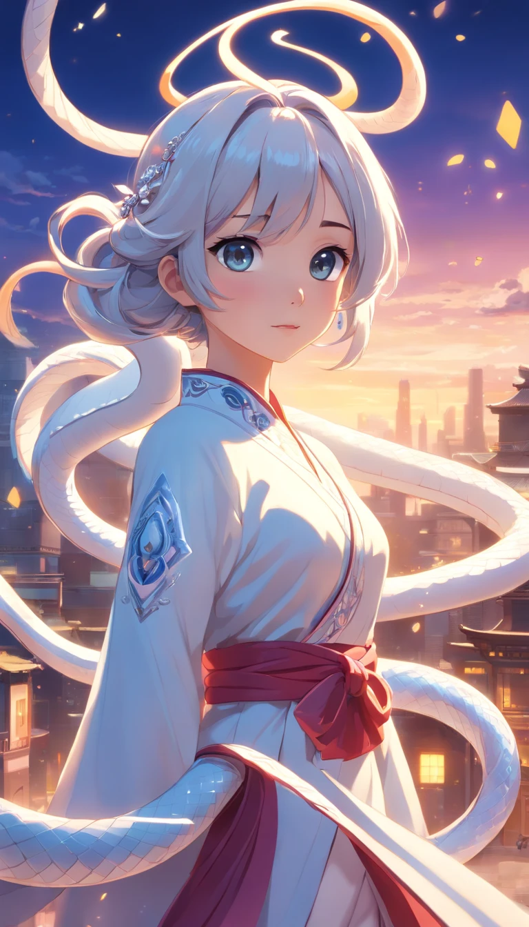 Pixar style super cute anthropomorphic White Snake， wearing hanfu and crystal crown, standing, charming big eyes, lovely tail, standing, surreal, super fine, luxurious, elegant standing, charming big eyes, lovely tail, standing, surreal, super detailed, luxurious, elegant, complex, gorgeous, illusory engine, octane rendering, 8K, VRAY surrealism