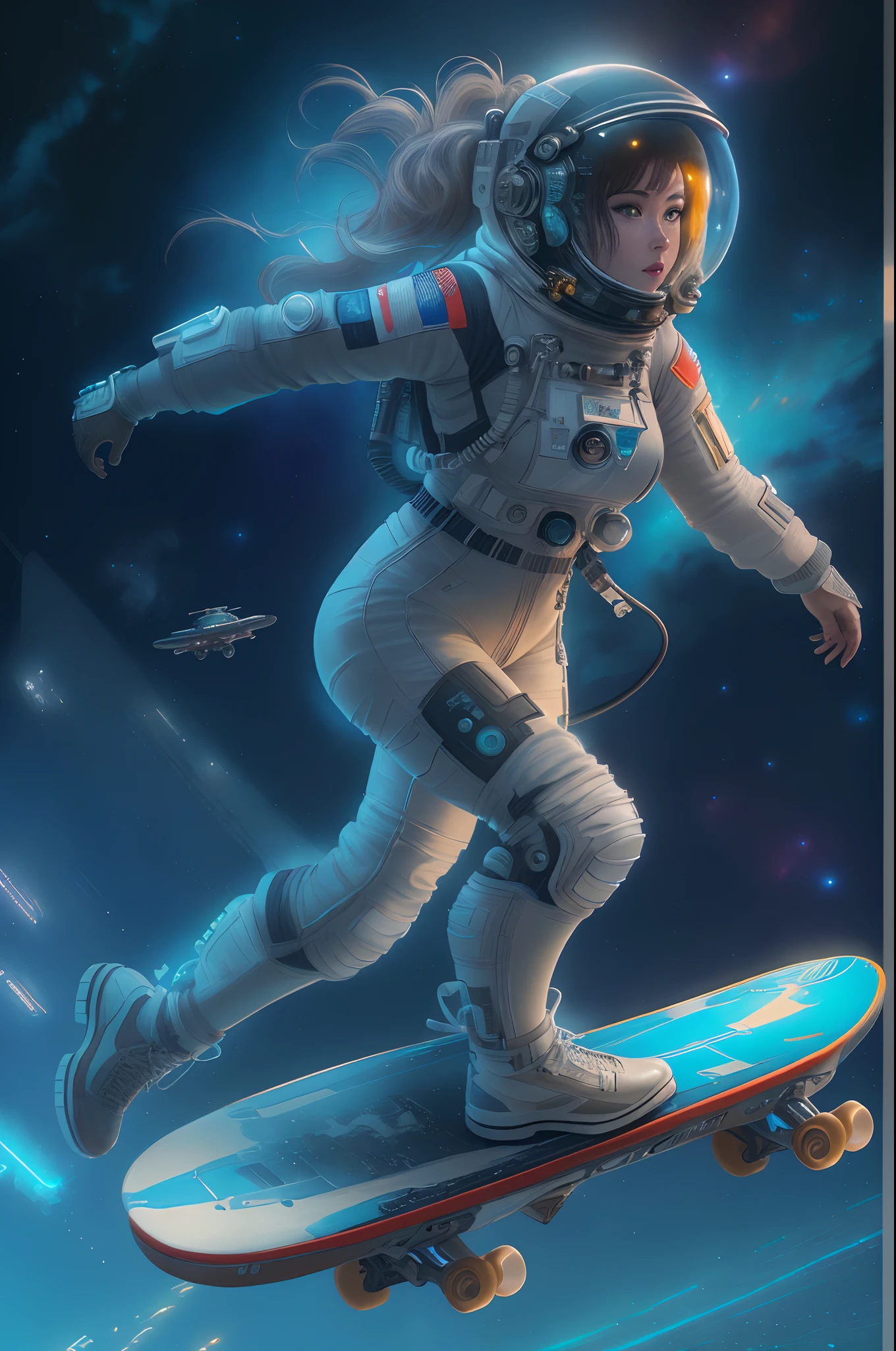 Futuristic female astronaut skateboarding in space,Futuristic tech skateboarding,Cosmic shuttle skateboarding,Mechanical skateboard,Beautiful sci-fi art, Science-fi digital art illustration, Digital cyberpunk art, science fiction digital painting, futuristic digital painting, futuristic concept art, Science fiction universe starry sky, science fiction digital art, Advanced digital cyberpunk art, Fantastic cyberpunk female astronaut,surrealism, Super detail, ccurate, Best quality, hyper HD, Masterpiece, Anatomically correct, A high resolution, 16k,(Best quality,4K,8K,A high resolution,Masterpiece:1.2),Ultra-detailed,Realistic,