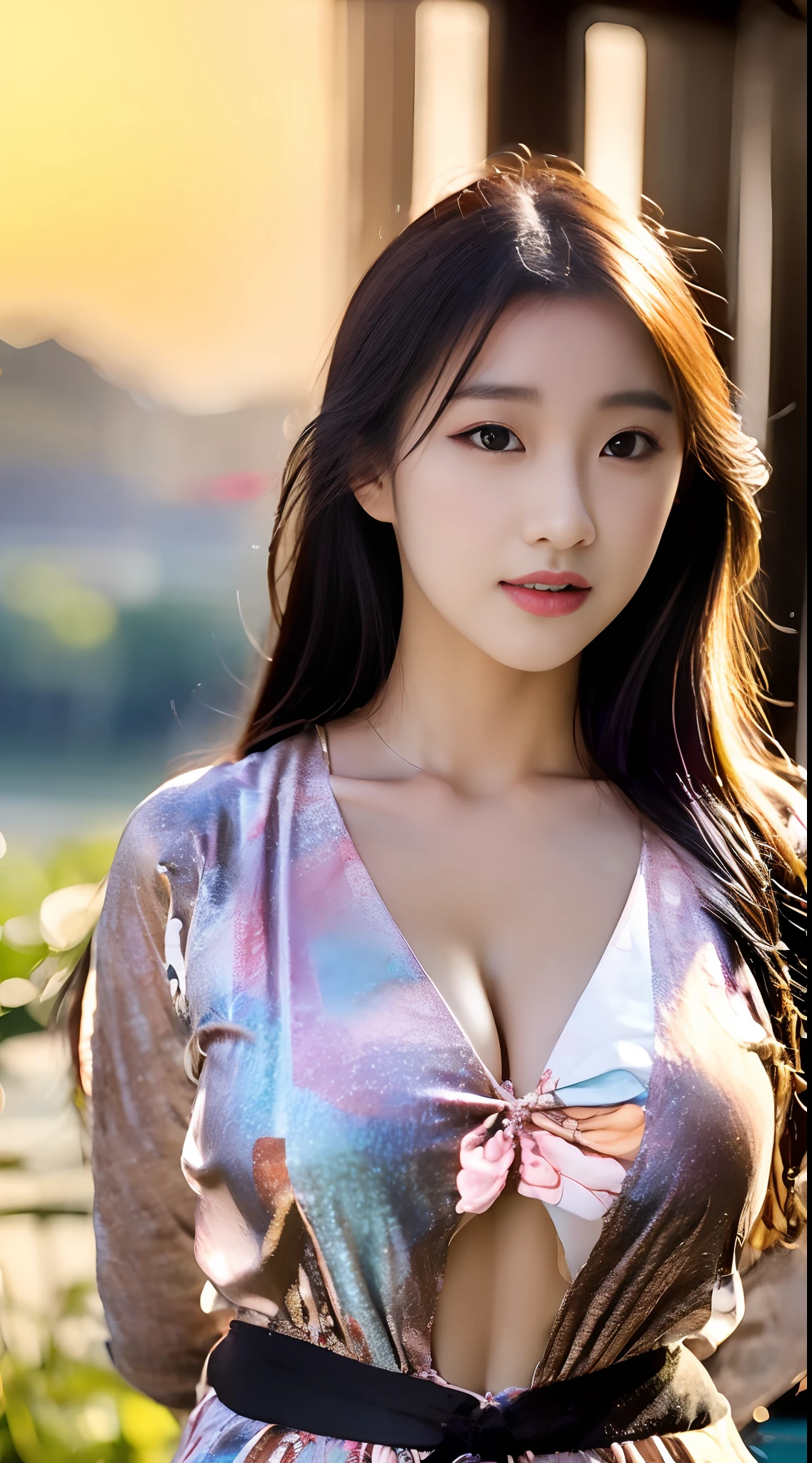 26 year old young girl, wearing batik clothes with open chest, her chest size is very large, has a slim waist and big buttocks, her eyes are sharp, her lips are seductive, exudes a graceful and erotic aura, very sexy, detailed skin, jumbo chest, realistic.