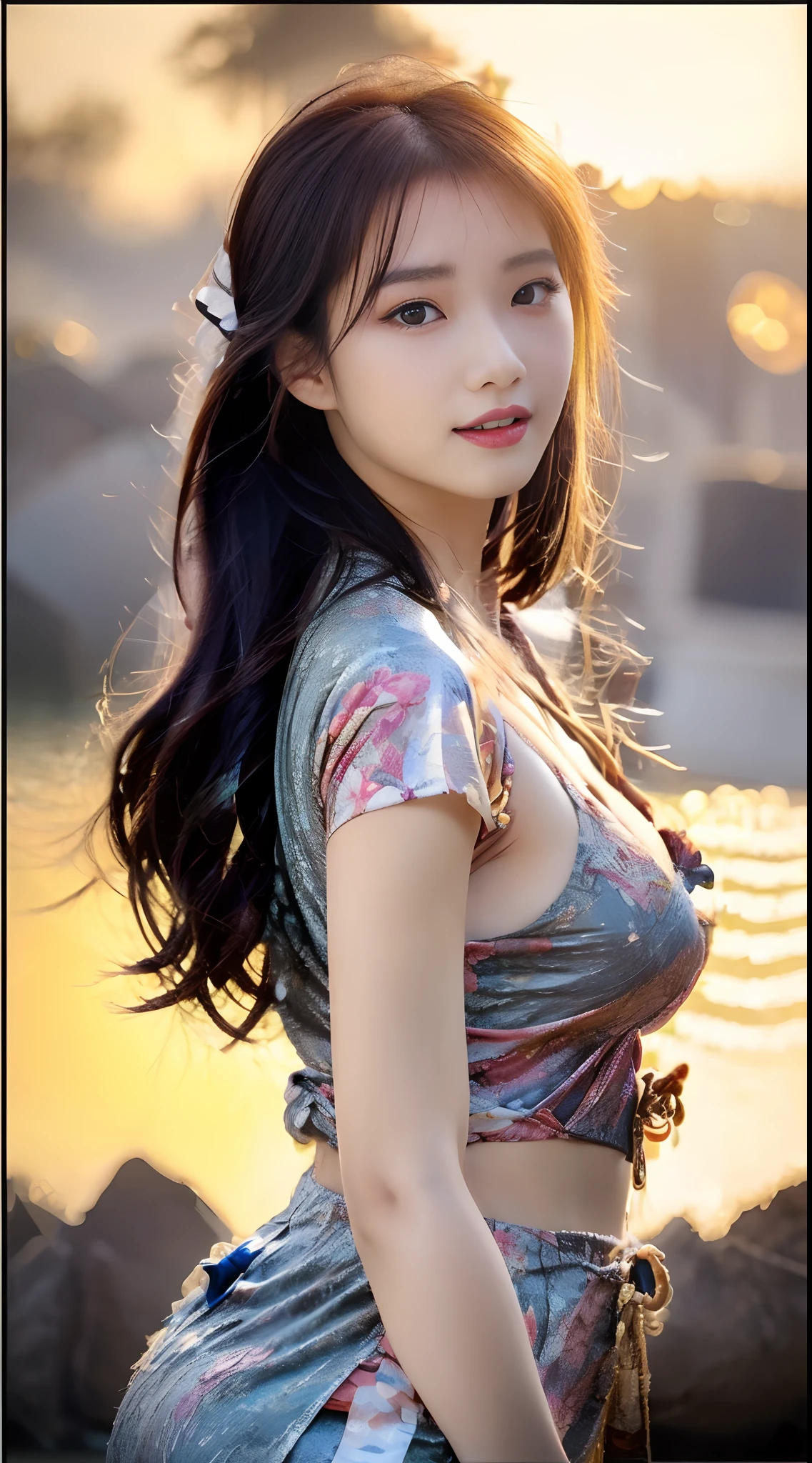 Half-body picture, better quality, work of art, Ultra high resolution, (realism: 1.4), original photo, (Realistic skin texture: 1.3), (Film texture: 1.3), (Selfie corner), 1 woman, Beautiful big eyes and facial details, long hair,In a kimono, charming, open shoulders, work of art, better quality, looking at the audience