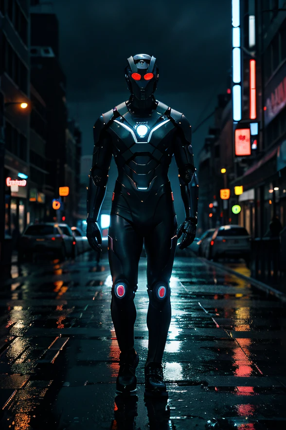 sibernetic man half robot, city, neon, futuristic, night, full body lights, rainy, gloomy day