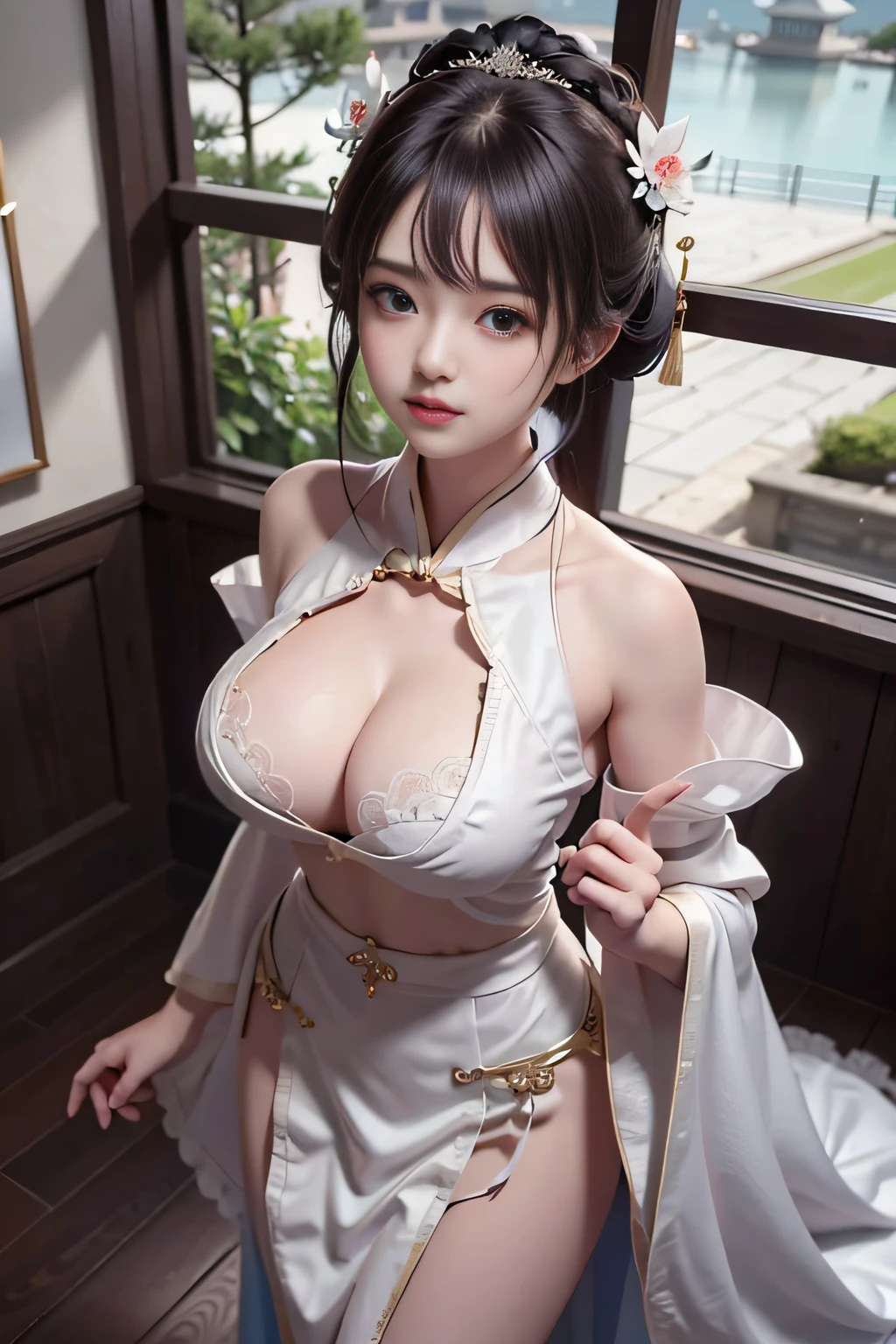 Wet-breasted Hanfu open V-chested clothes, All pictures, Wet body of thin silk fabric, Thin silk lace petticoat,princess 8 yeald old cute, (huge boobs，cleavage),petticoat, white pink, blue ，best qualtiy，tmasterpiece，超高分辨率，（真实感：1.4），RAW photogr，（True skin texture：1.3），（filmgrain：1.3），（Selfie angle），1个Giant Breast Girl，Beautiful eye and face details，tmasterpiece，Best quality at best，exposing thighs，Bigchest，The chest is more exposed，short detailed hair，above looking down facing at camera,short dressPrincess Eyes,Super big eyes,Detailed face,shiny pupils, randome color, dress short, , thin silk fabric wet body, thin silk fabric lace petticoat,wedding dress