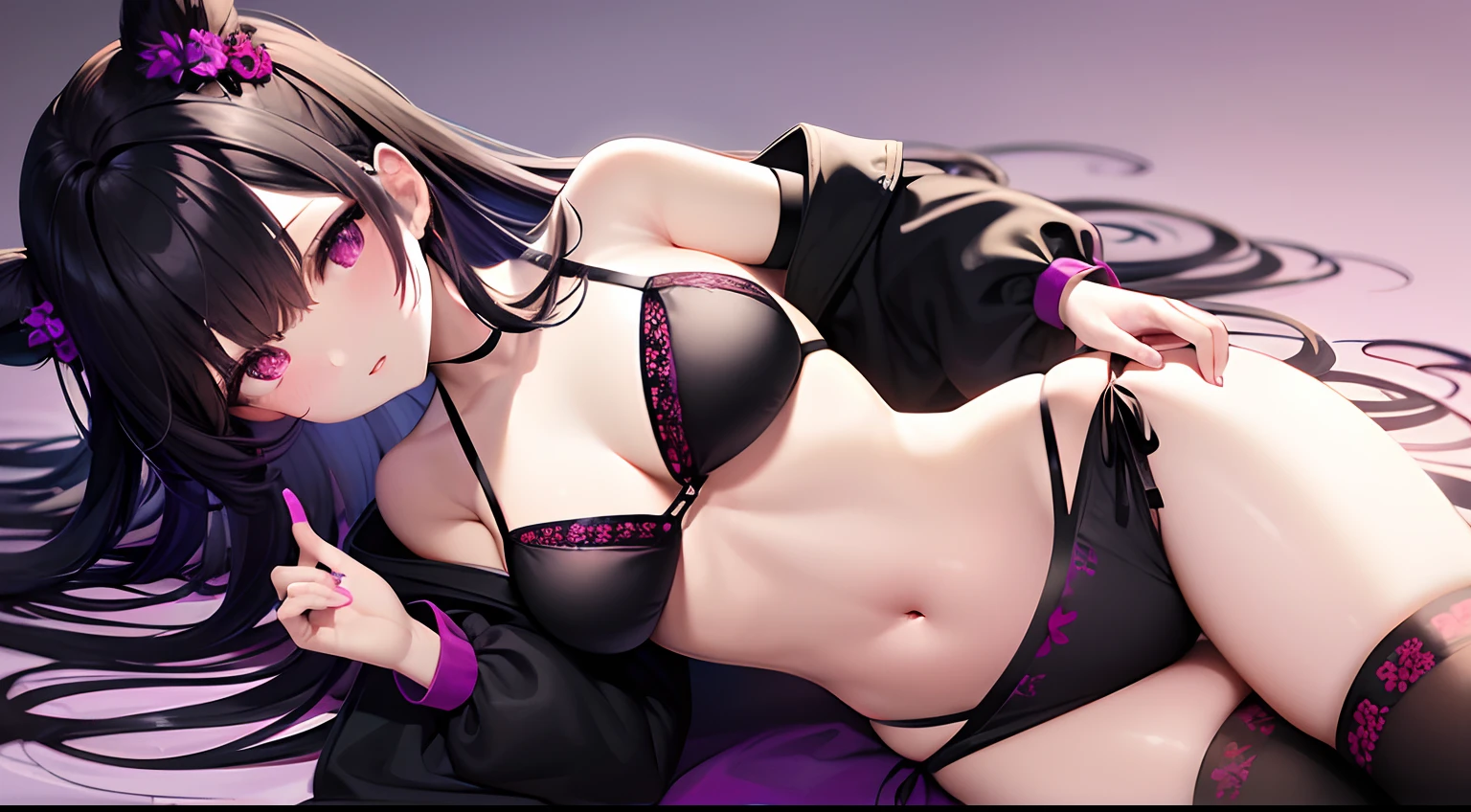 1 girl, red eye color,black hair outside ,dark wear with red details, cute flowers in hair ,wearing black bikini with purple contrast, purple hair inside ,light,hair color contrast purple,cyberpunk city, cyberpunk wear purple ,Delicate face, wearing neon purple and black clothes, off shoulder, open clothes , black thighhighs, purple background ,8k ,4k, (highestdetailed:1.25), masterpiece, absurdres,high res, ultrasgarp , lookin at viewer