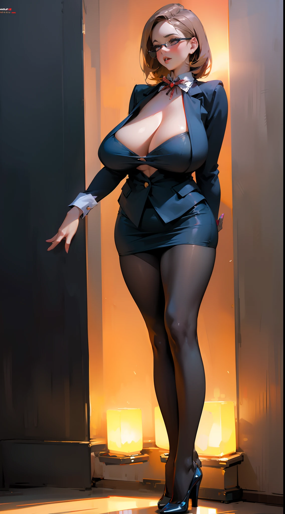 (gigantic cleavage breasts:1), Full body photo of beautiful sexy secretary in miniskirt and seam stockings,(Stands_straight),((Solo)),Adult,at_The_Office,High heels,Craving sexual,petting_herself