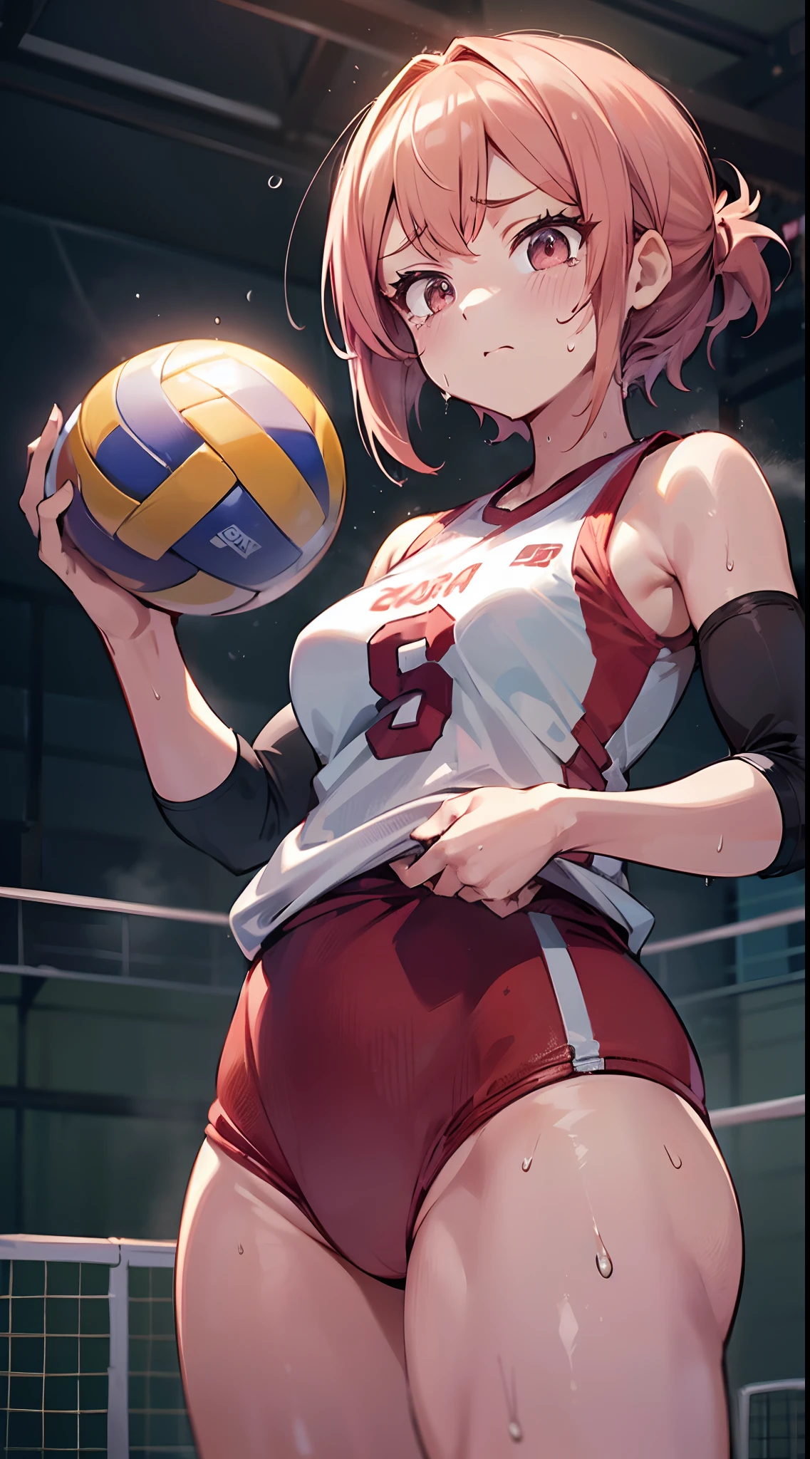 (((masutepiece))), (((Best Quality))), (((ultra-detailliert))), (((hight resolution))), ((superfine illustration)), ((Ultimate cutie)), Detailed beautiful face, Shiny hair, (gyaru), medium breasts, ((potbelly)), (((solo))), female volleyball player, sad, (tearfully), Dirty all over the body, BREAK, (((Hold spherical shape 6-inch volleyball))), BREAK, (((Buruma))), (Volleyball uniform), Sleeveless Volleyball Uniforms, (((Buruma))), (Kneepads), (elbow pad), (Bare hands), ((Sweat)), ((Covered in sweat)), (Breathless), on valleyball court, in gymnasium, Lighting, From below, Looking at viewers