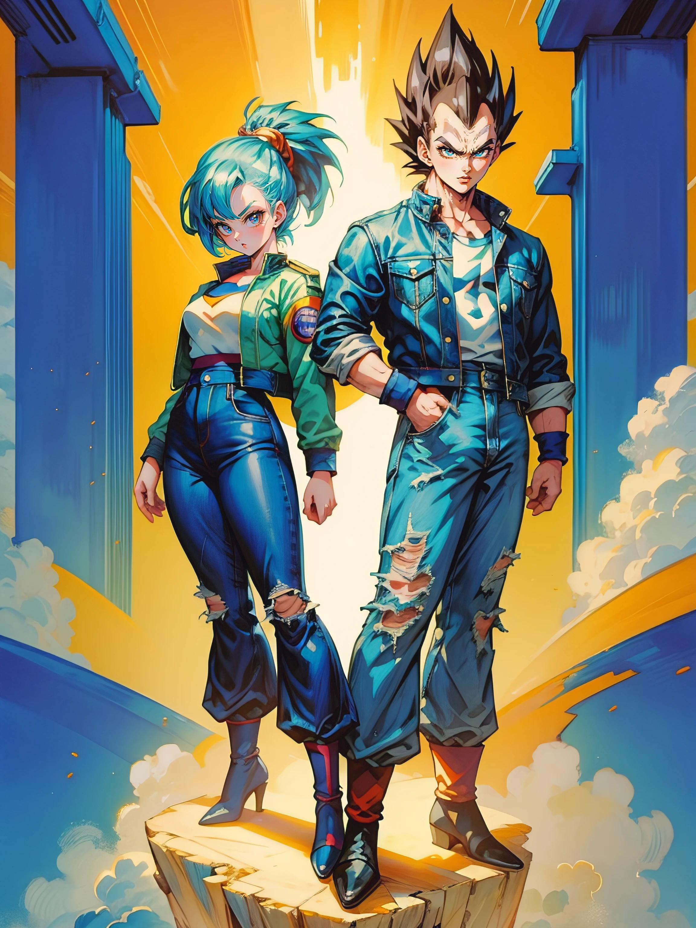 1man, 1girl, (masterpiece), best quality, ultra-detailed, Vegeta and Bulma from Dragon Ball Z, Retro style, full body. fashion cloth, jean jacket, fancy.