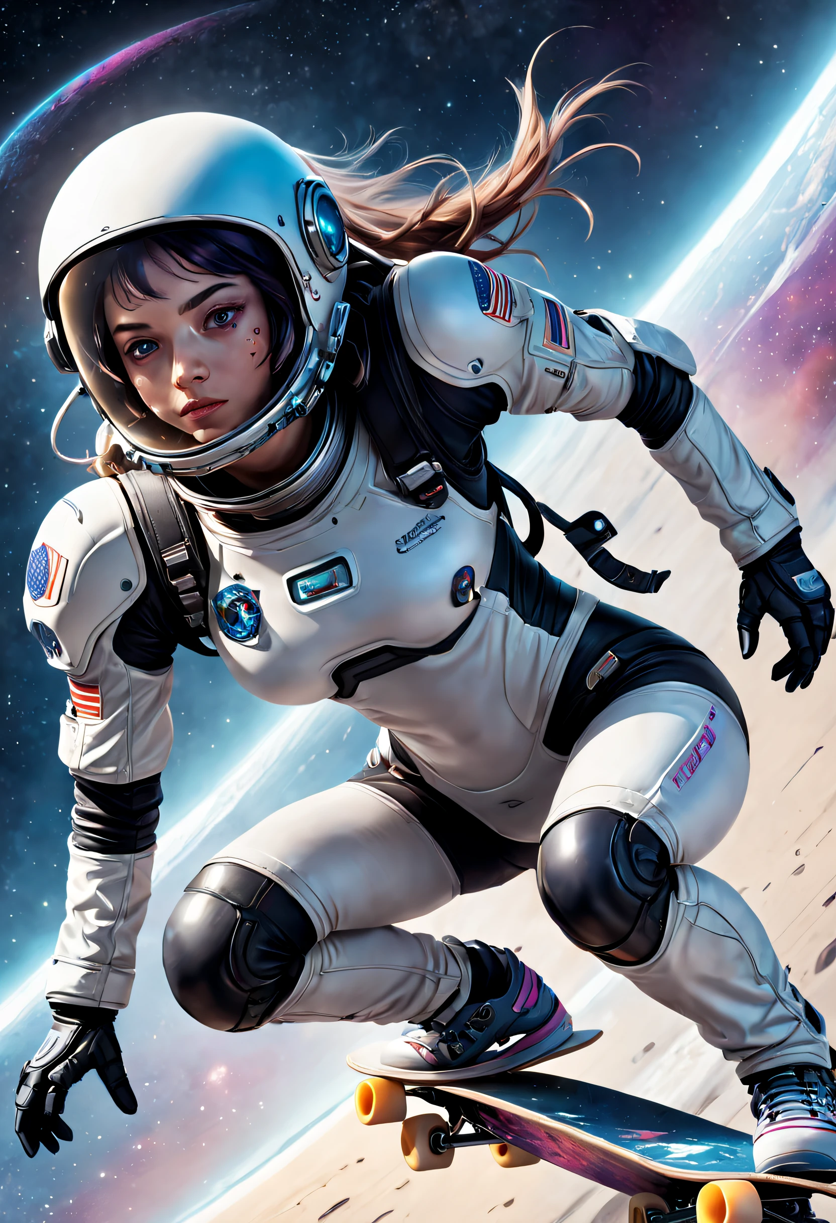 Futuristic female astronaut skateboarding in space，Futuristic tech skateboarding，Cosmic shuttle skateboarding，Mechanical skateboard，Beautiful sci-fi art, Science-fi digital art illustration, Digital cyberpunk art, science fiction digital painting, futuristic digital painting, futuristic concept art, Science fiction universe starry sky, science fiction digital art, Advanced digital cyberpunk art, Fantastic cyberpunk female astronaut,surrealism, Super detail, ccurate, Best quality, hyper HD, Masterpiece, Anatomically correct, A high resolution, 16k，(Best quality,4K,8K,A high resolution,Masterpiece:1.2),Ultra-detailed,Realistic,