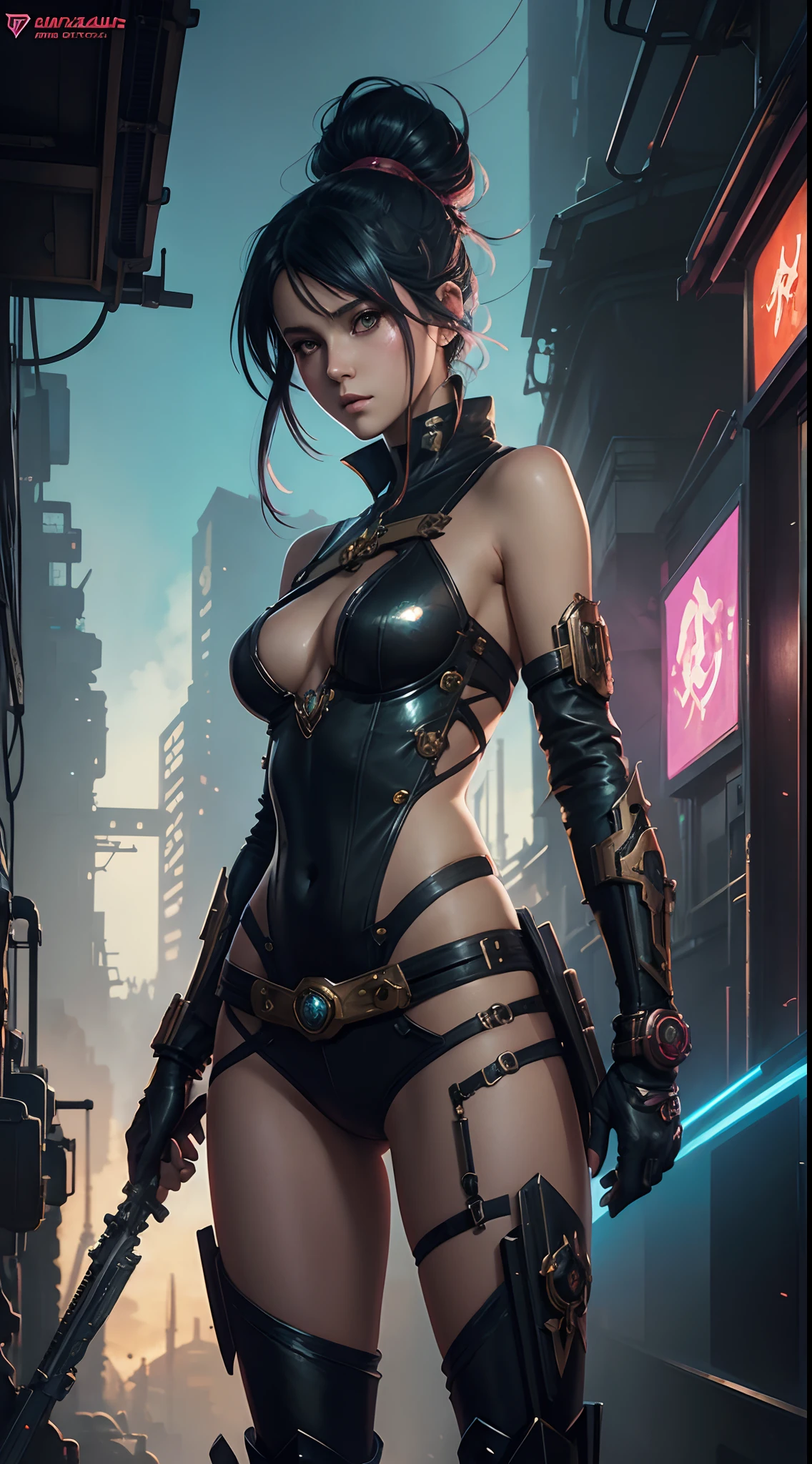 Fantasy girl in cyberpunk world + anime style + gouache + concept art + anime character + seamless flow + lots of details + in the style of Tom Bagshaw, Tom Bagshaw, Ross Tran, Ian McQue, WLOP, trending on Artstation + Alphonse Mucha, David Normal