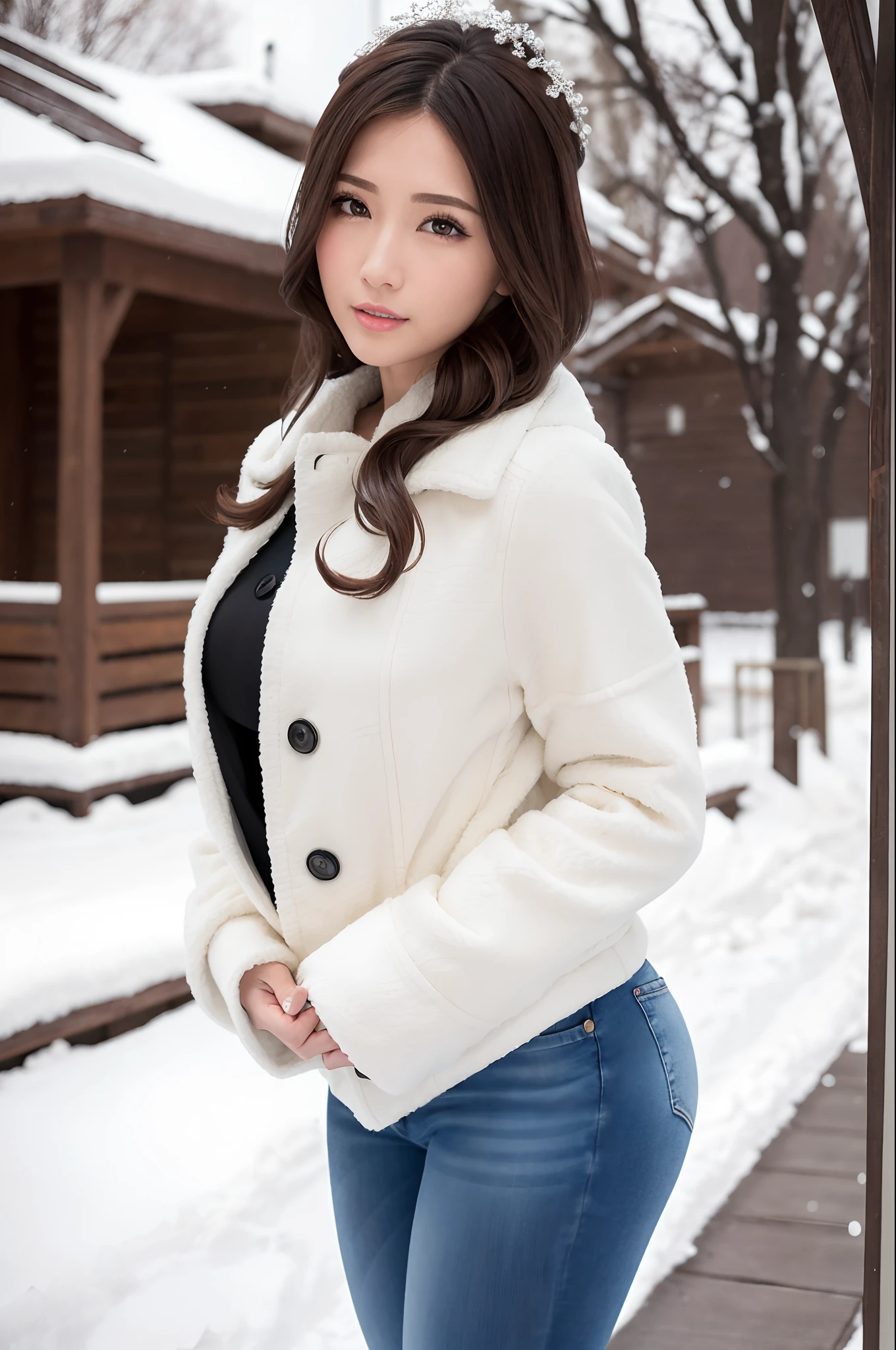 Winters,Snowy landscape,((voluminous coat、Skinny Jeans))、depth of fields,Real Light,Ray traching,OC Renderer,UE5 Renderer,Hyper-realistic,best qualtiy,8K,Works of masters,super-fine,Correct anatomy、(Best Quality, 4K, masutepiece: 1.3), Beautuful Women、Hyper-realistic, 1girl in,hyperdetailed face,Detailed eyes,二重まぶた, (Beautiful detailed lips),Sexy face,Women of Alafe,25-years old、