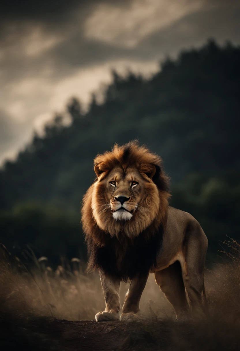 Full body ferocious lion roaring in a clearing wearing a king's crown