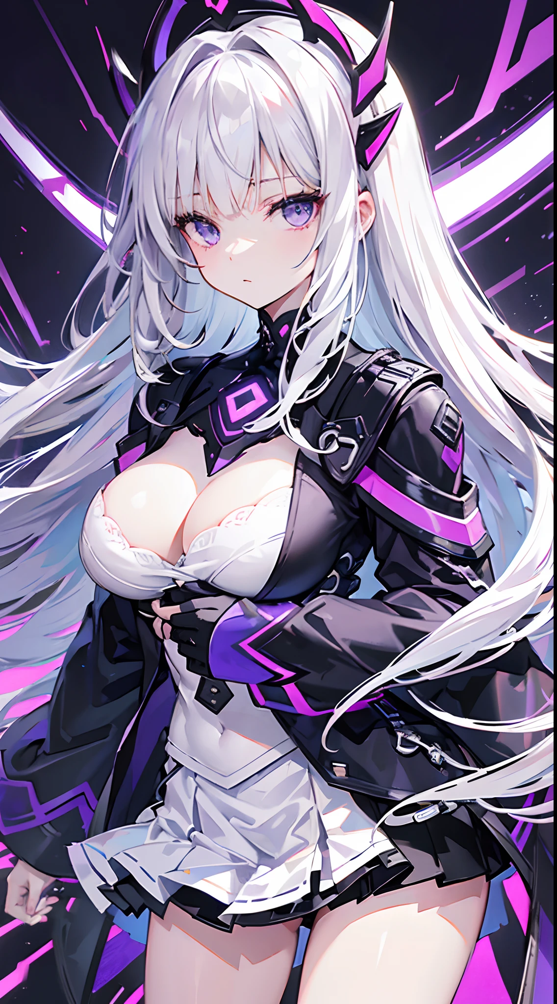 Long gray-white hair，Flowing broken bangs，Bangs cover one eye，Two headdresses，No emotional eyes，Eyes without highlights，Pure purple eyes，Wears a white off-the-shoulder technology machine top，Black technology machine skirt，The skirt is short，Big Breasts Girl，expressiveless，A black-purple technological machine jacket on the upper body is half-off on the shoulders，Place your hands on a purple-black square box on your chest，close-up on legs，a warm color palette