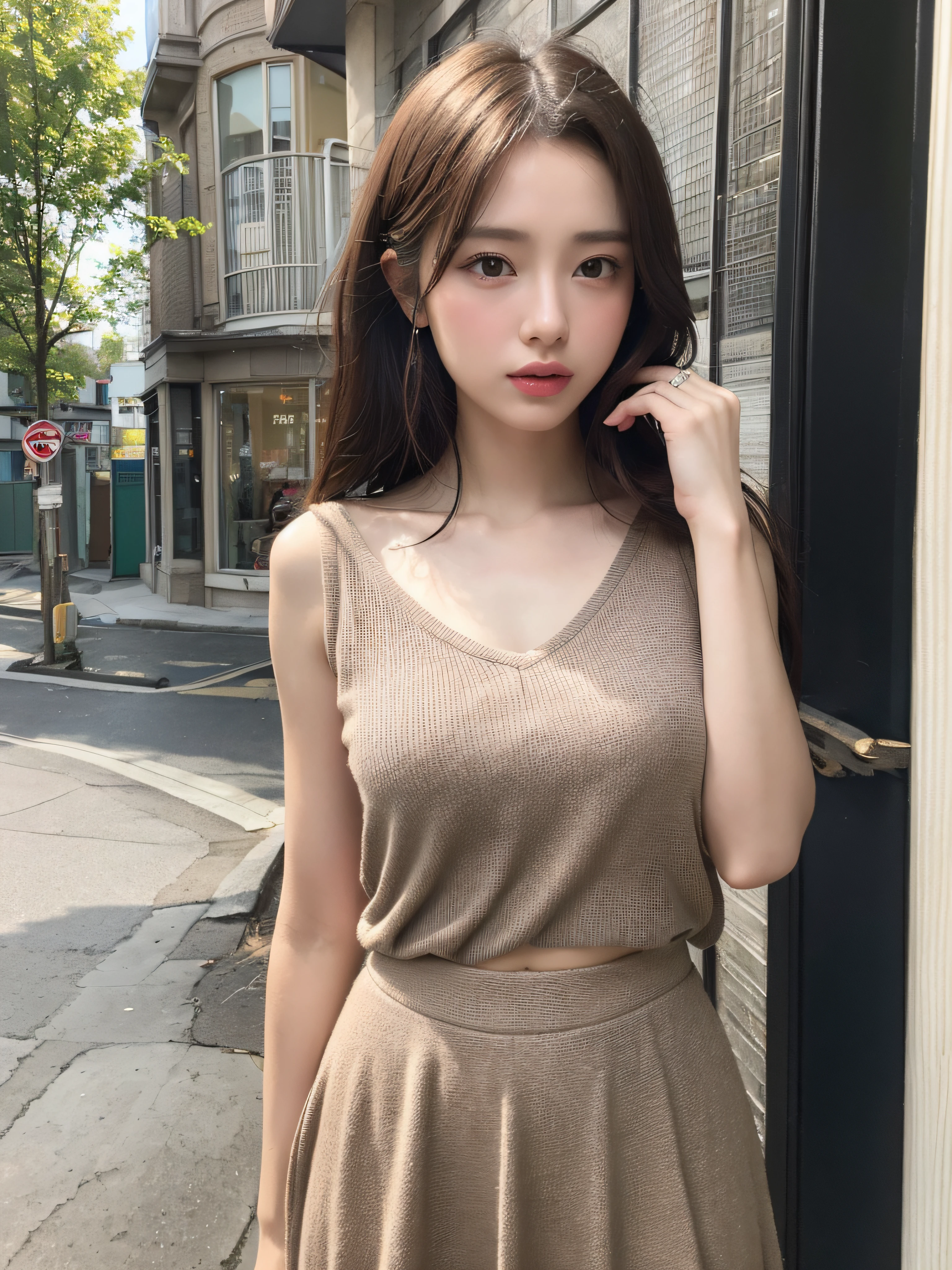((Realistic lighting、top-quality、8K、​masterpiece:1.3))、Clear Focus:1.2、1girl in、perfectbodybeauty:1.4、Slim abs:1.1、((Dark brown hair))、(outside of house、natta:1.1)、skirt by the、tight、、bust、bust、City Street、Superfine Face、Fine Eyes、二重まぶた、