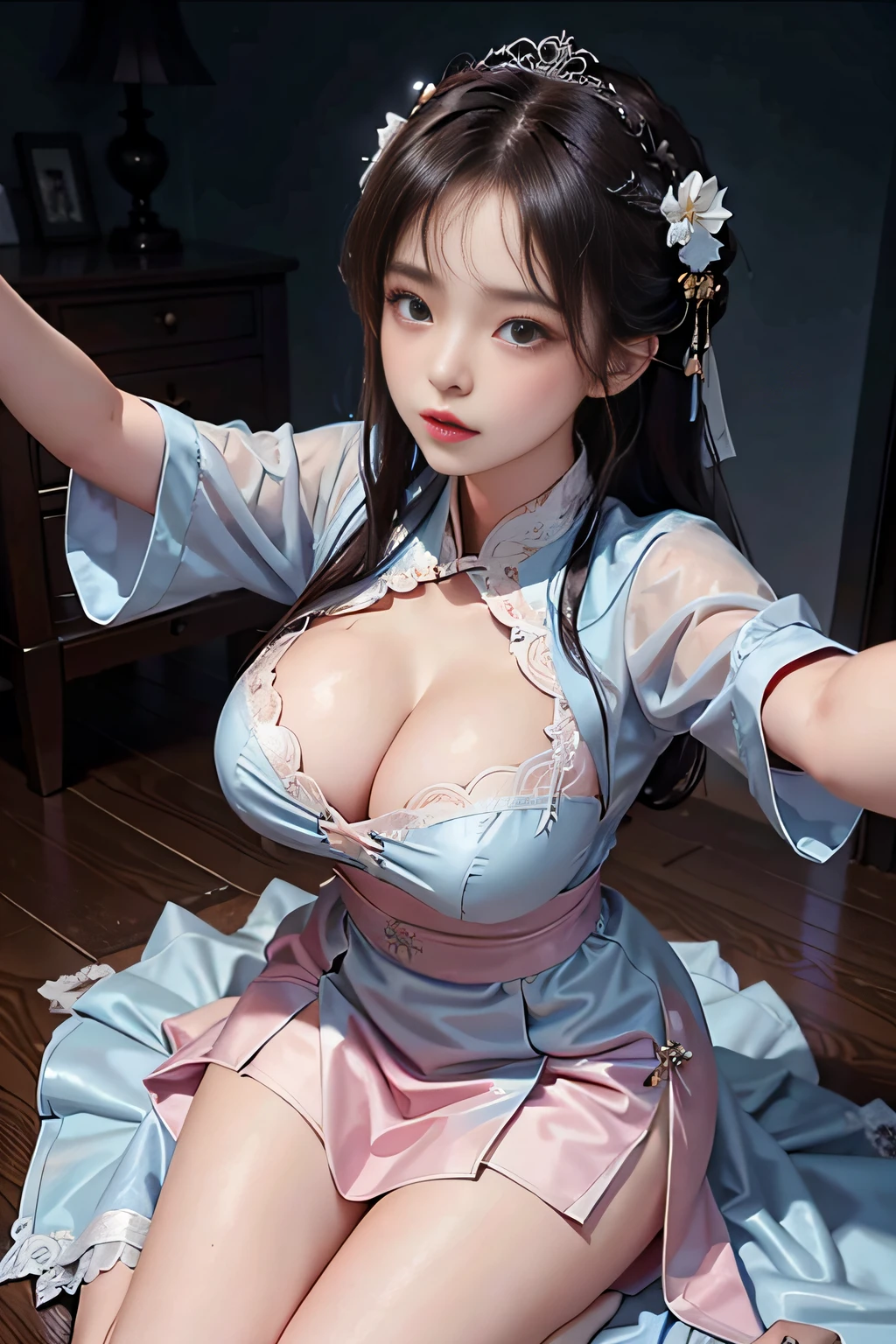 Wet-breasted Hanfu open V-chested clothes, All pictures, Wet body of thin silk fabric, Thin silk lace petticoat,princess 8 yeald old cute, (huge boobs，cleavage),petticoat, white pink, blue ，best qualtiy，tmasterpiece，超高分辨率，（真实感：1.4），RAW photogr，（True skin texture：1.3），（filmgrain：1.3），（Selfie angle），1个Giant Breast Girl，Beautiful eye and face details，tmasterpiece，Best quality at best，exposing thighs，Bigchest，The chest is more exposed，short detailed hair，above looking down facing at camera,short dressPrincess Eyes,Super big eyes,Detailed face,shiny pupils, randome color short dress, wedding dress
